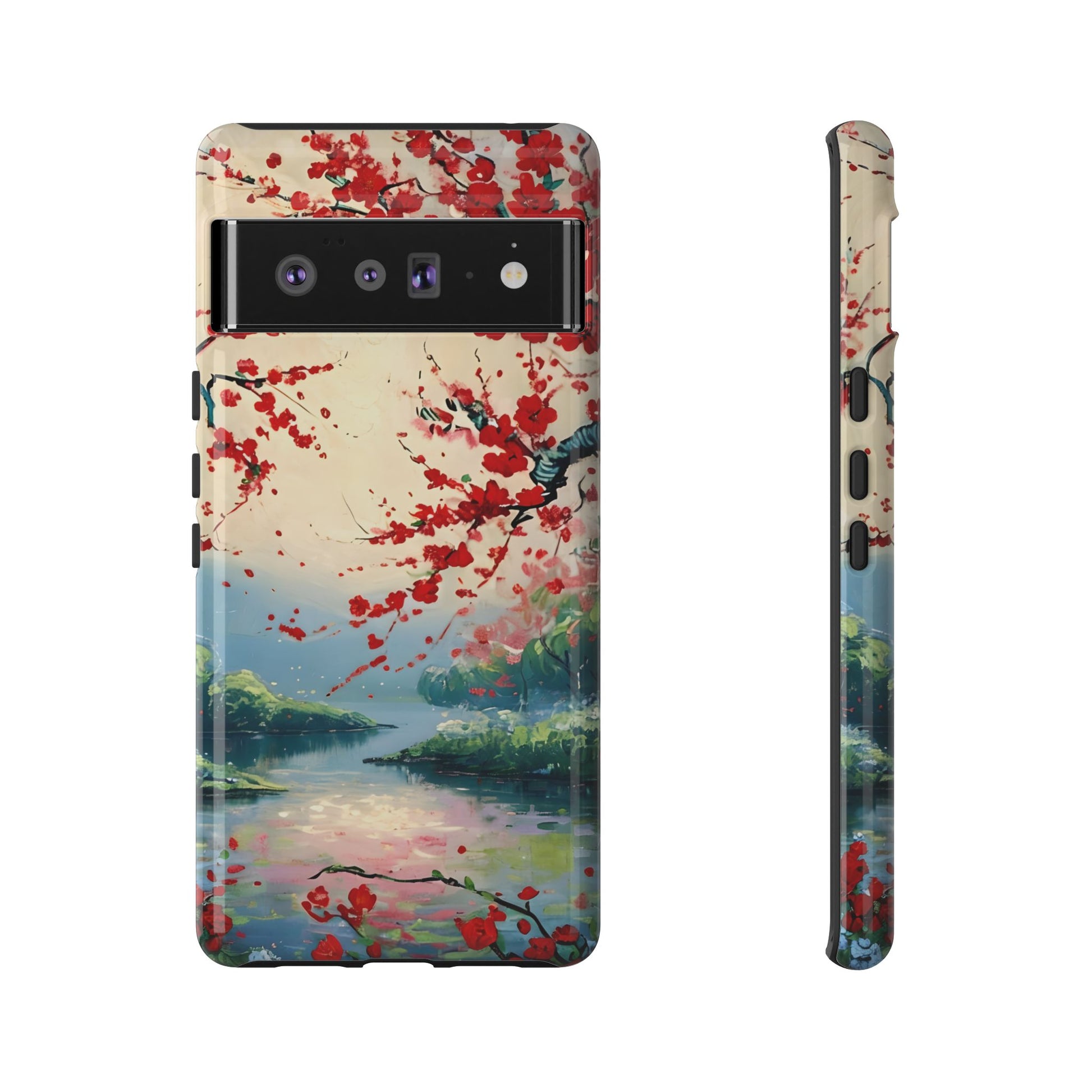 Crimson Blossom Lake - Artistic Floral Landscape Google Pixel 6 Pro Tough Phone Case - Red Cherry Blossoms & Serene Lake Design