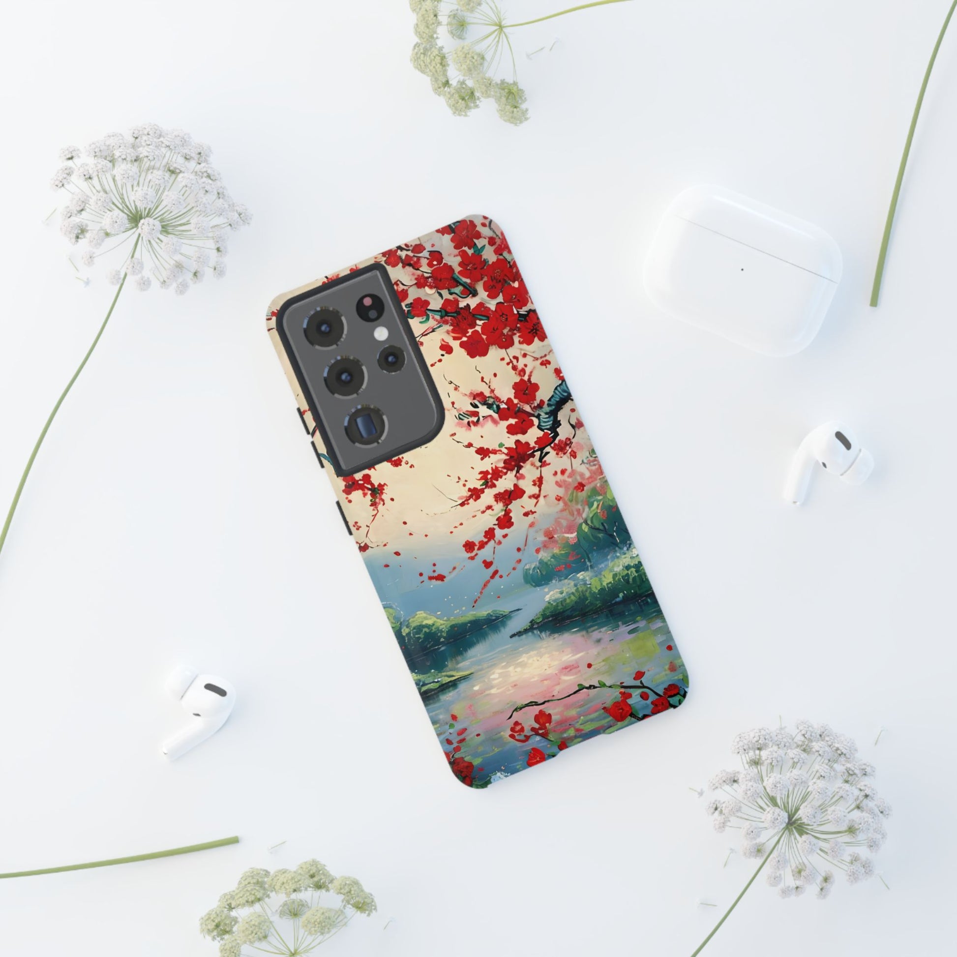 Crimson Blossom Lake - Artistic Floral Landscape Samsung Galaxy S21 Ultra Tough Phone Case - Red Cherry Blossoms & Serene Lake Design