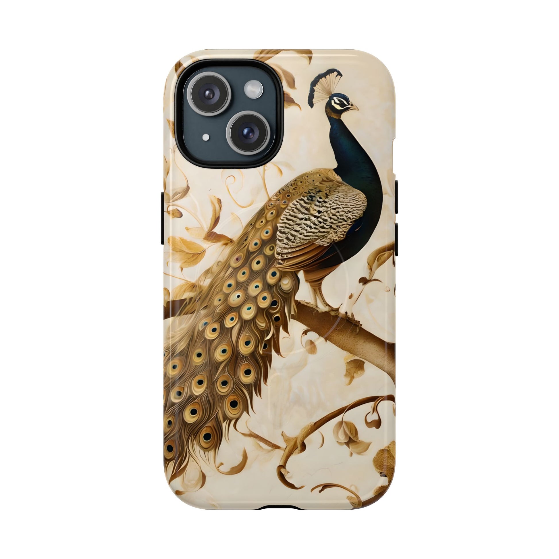 Golden Plumage - Luxe Peacock Art iPhone 15 Phone Case - MagSafe Compatible - Elegant Gold & Cream Design