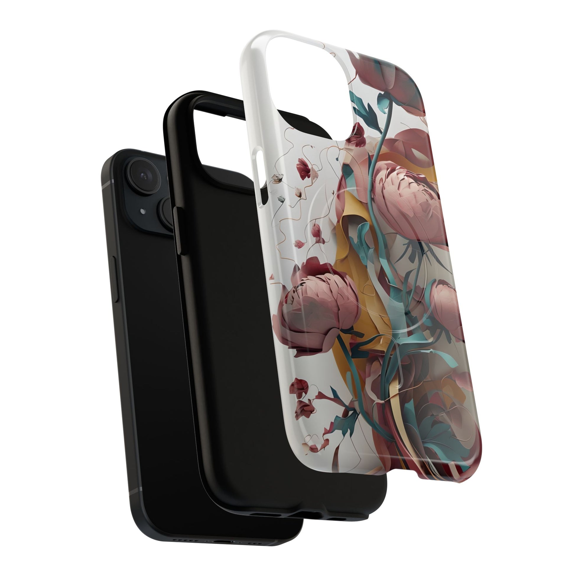Blushing Peony Veil - Elegant Painterly Floral iPhone 15 MagSafe Phone Case - Soft Blush & Teal Peony Design