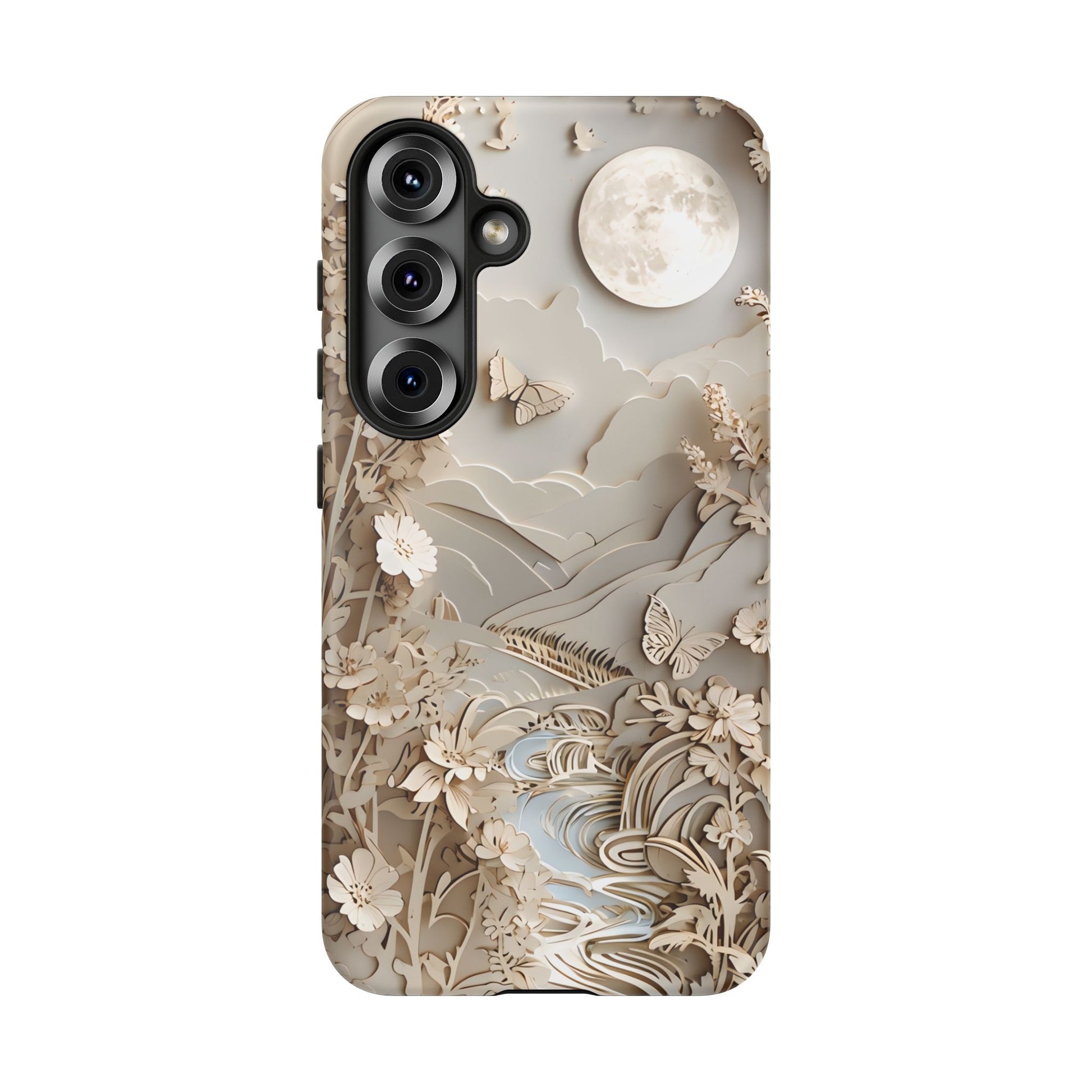 Moonlit Garden - Elegant Neutral Floral Samsung Galaxy S25 Tough Phone Case - Painterly Botanical & Moon Design