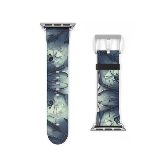 Indigo Mosaic Apple Watch band strap with silver clasp showing detailed indigo mosaic artwork in deep blue tones