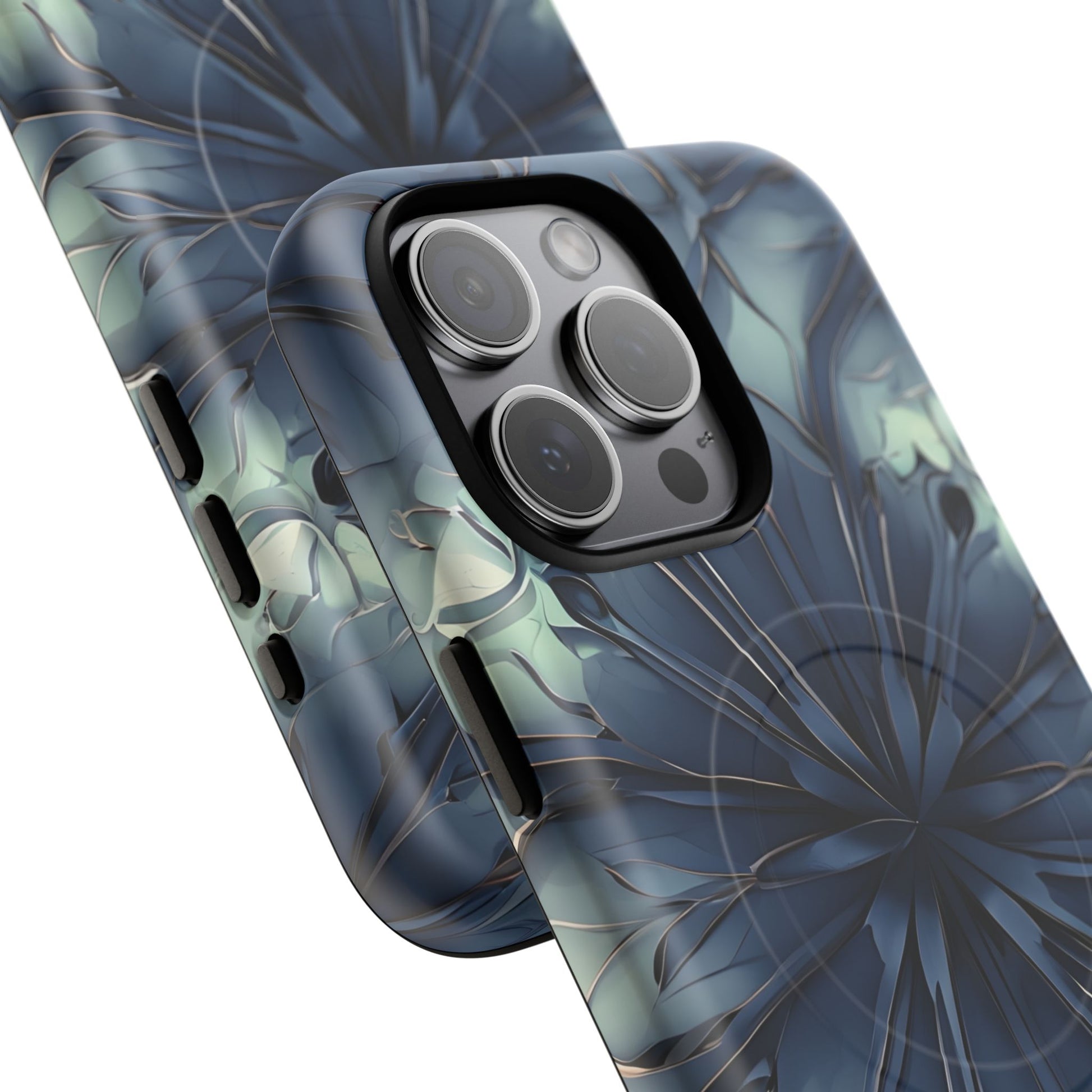 Indigo Mosaic - Artistic Kaleidoscope Collection Artistic Floral - iPhone 15 Pro Max MagSafe Phone Case -Bold Blue Symmetrical Design
