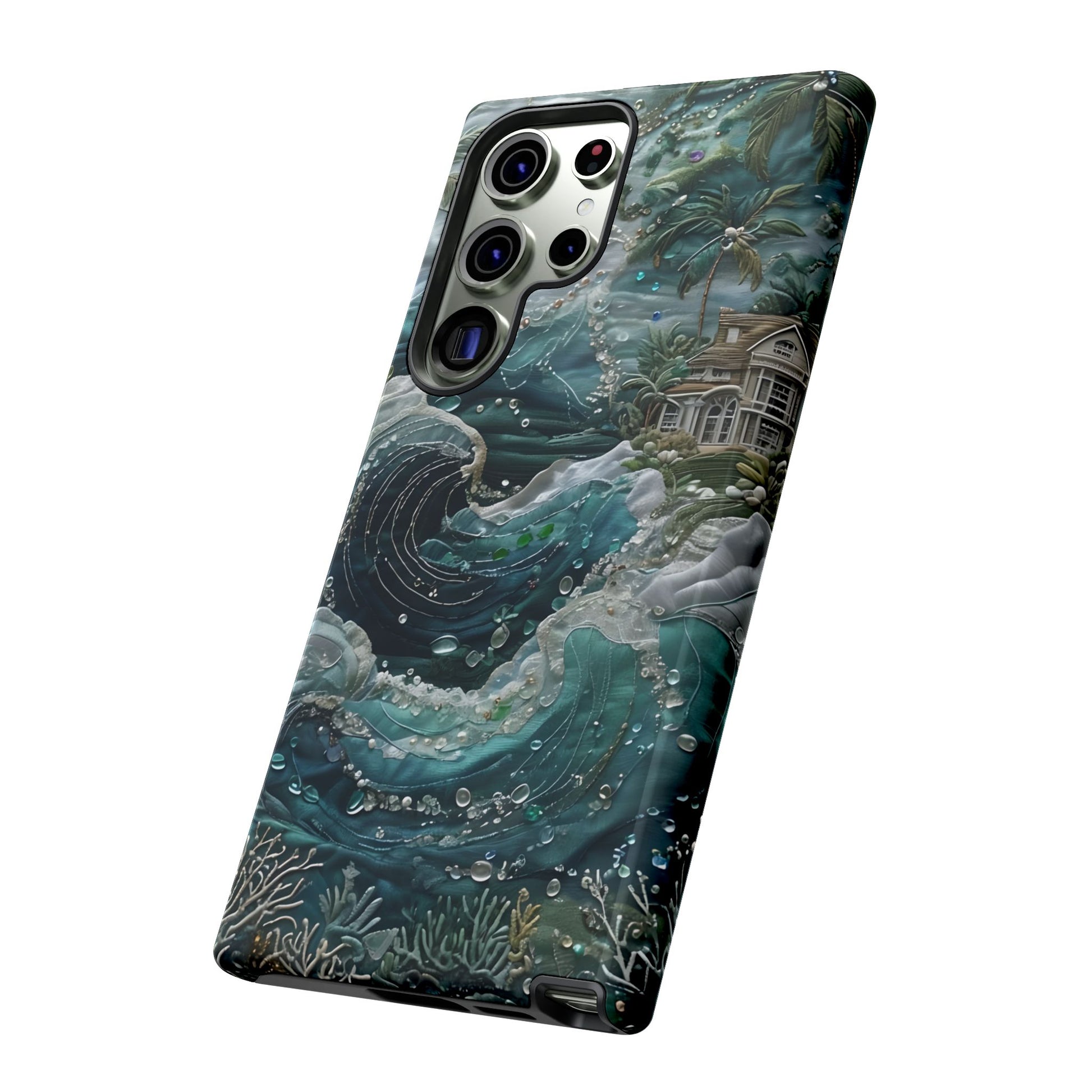 Tropical Midnight Wave Samsung Galaxy phone case angled view featuring swirling night sea and tropical shoreline artwork