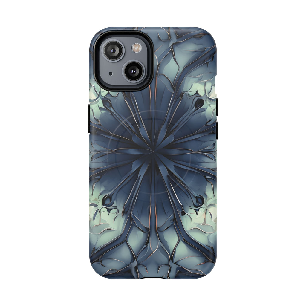 Indigo Mosaic - Artistic Kaleidoscope Collection Artistic Floral - iPhone 14 MagSafe Phone Case -Bold Blue Symmetrical Design