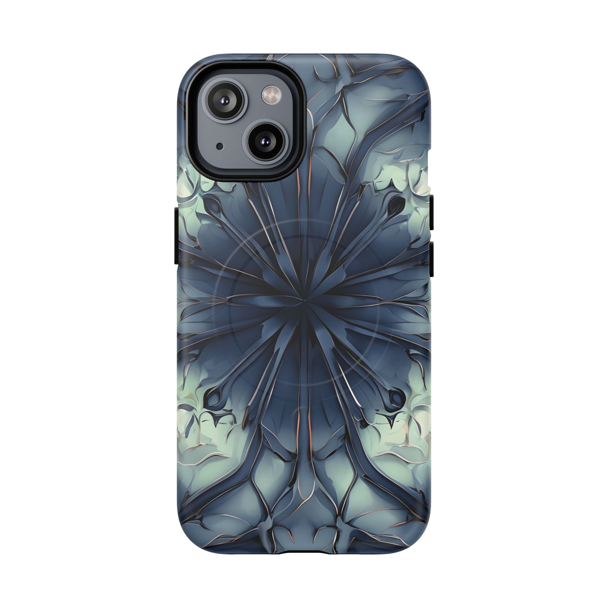 Indigo Mosaic - Artistic Kaleidoscope Collection Artistic Floral - iPhone 14 MagSafe Phone Case -Bold Blue Symmetrical Design