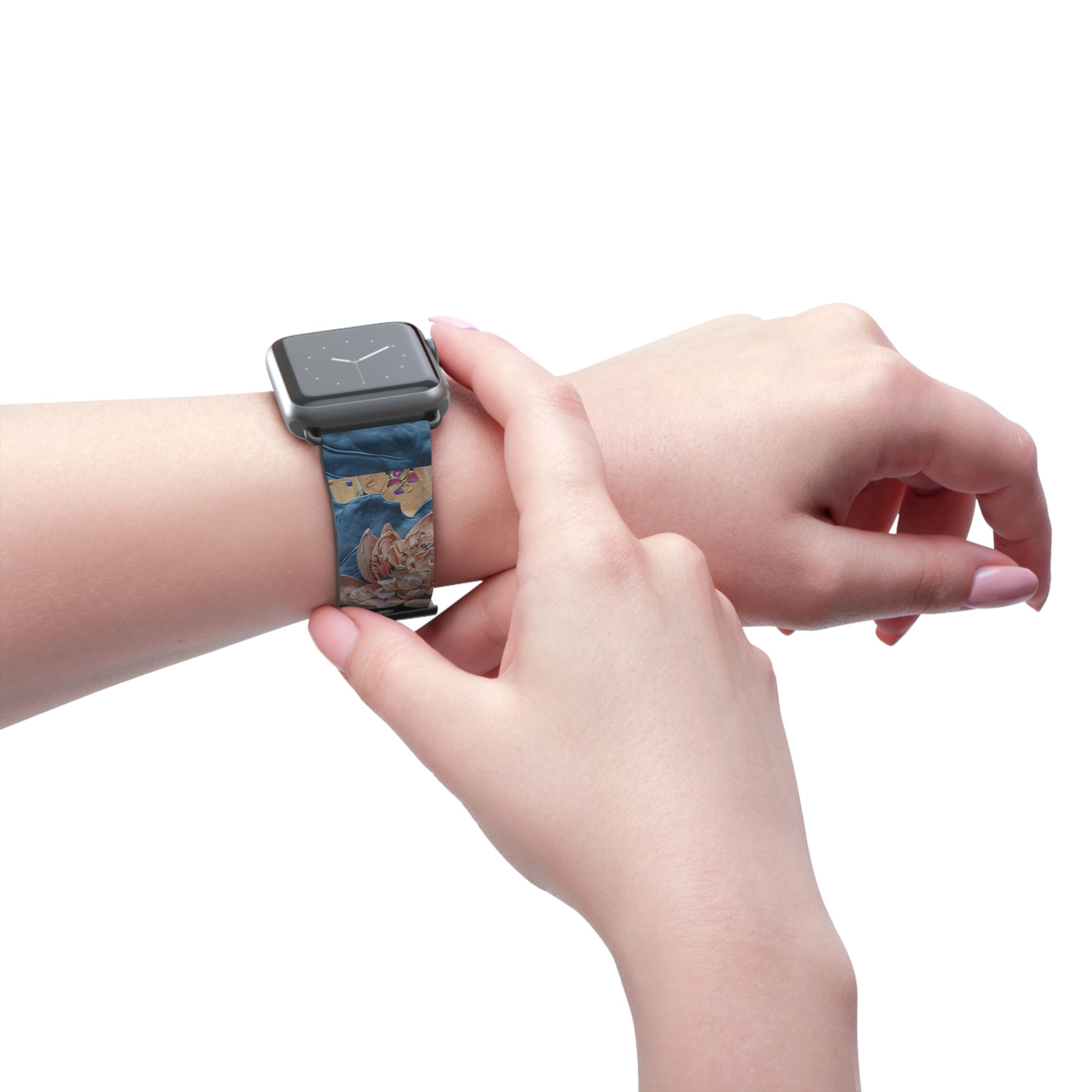 Peony Midnight Tapestry Apple Watch band floral tapestry design worn on wrist