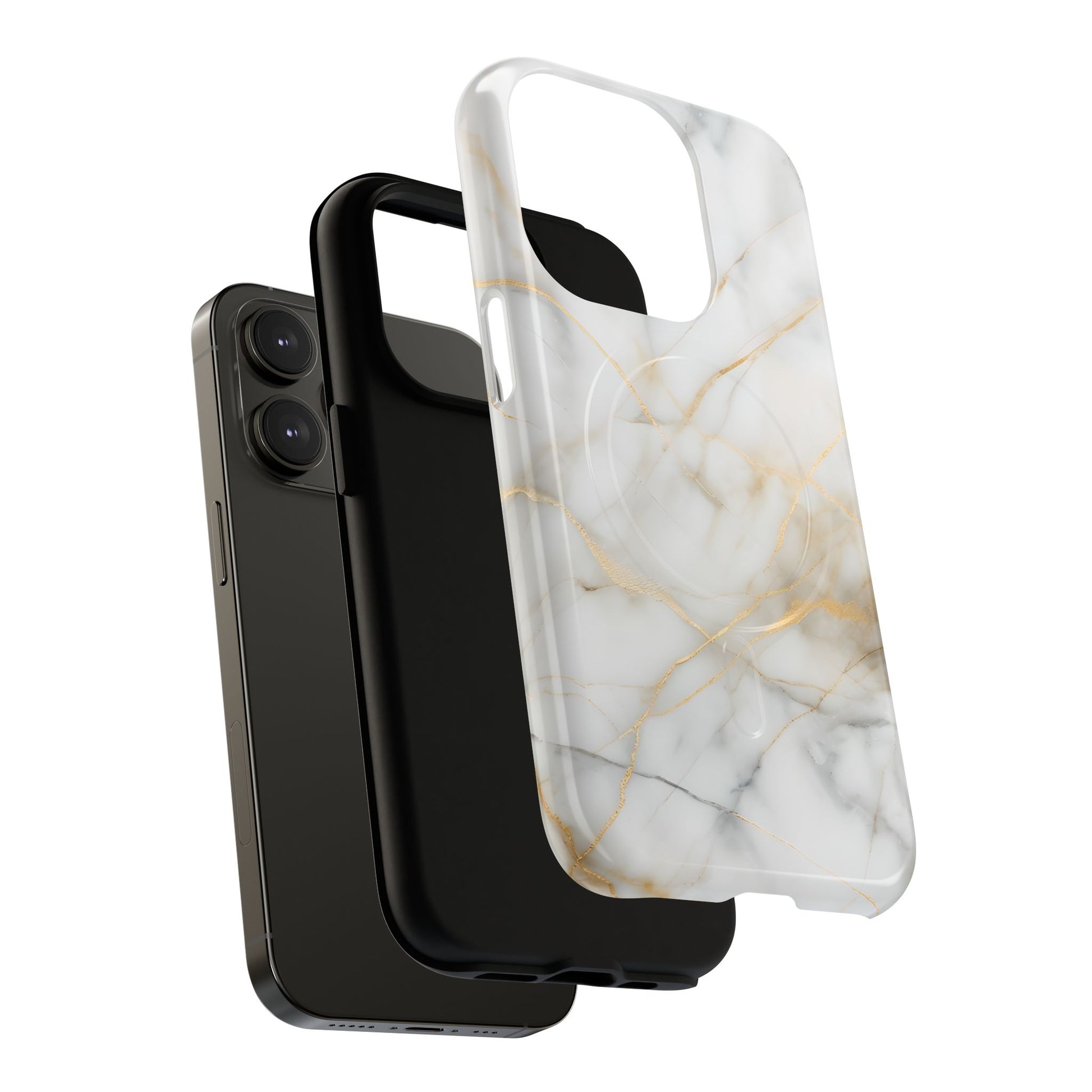 Golden Vein iPhone 14 Pro MagSafe Phone Case -White Neutral Marble Design