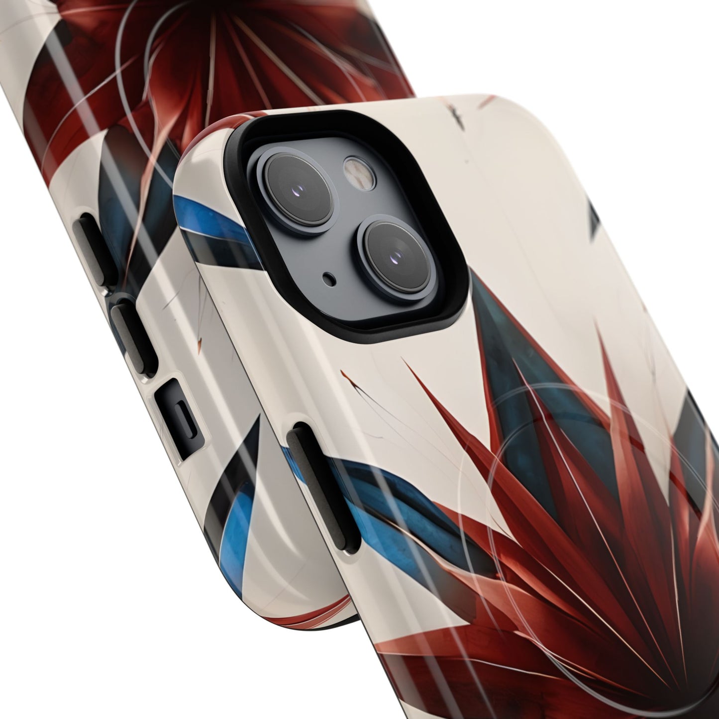 Angled view of Garnet Starburst red white and blue geometric iPhone MagSafe protective case