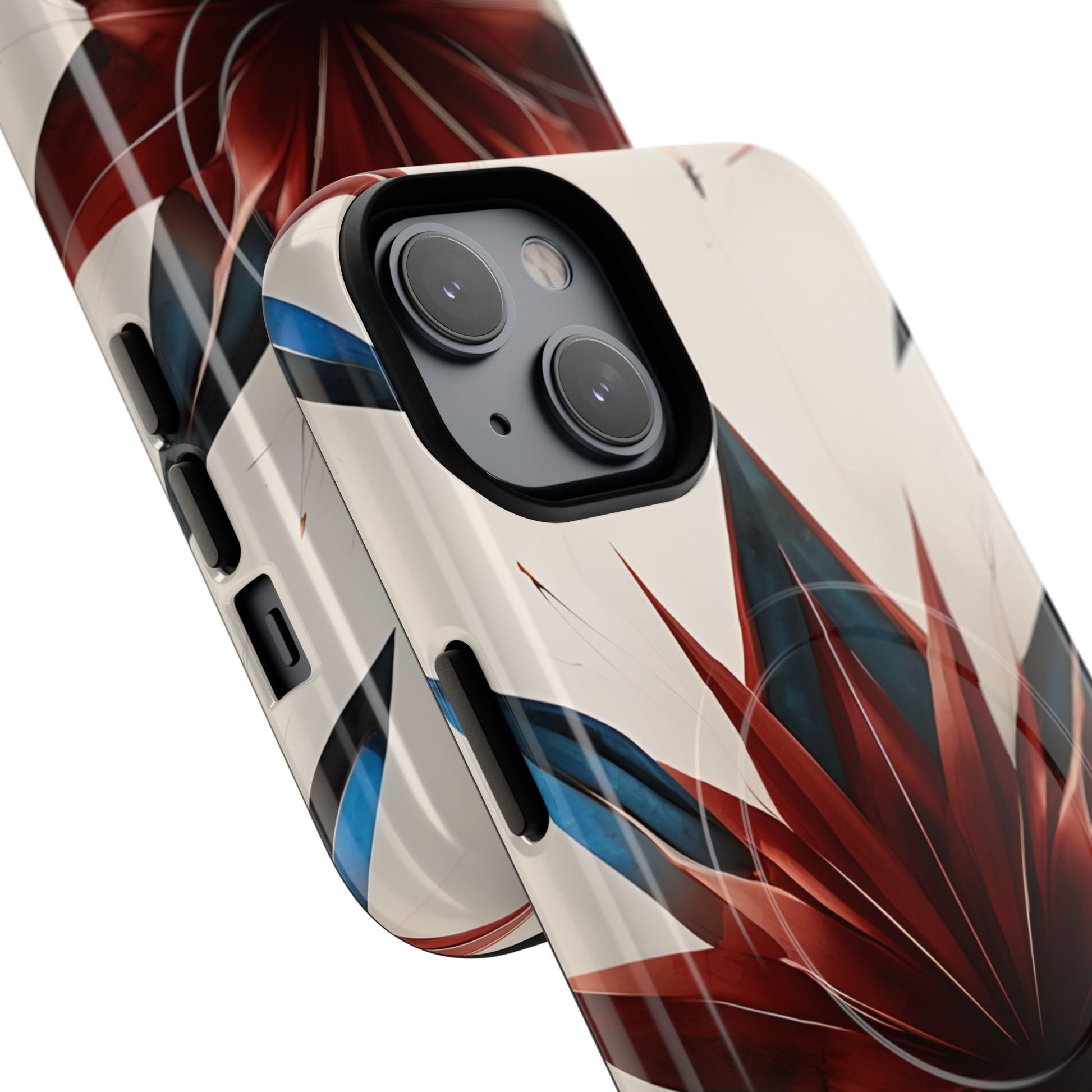 Angled view of Garnet Starburst red white and blue geometric iPhone MagSafe protective case