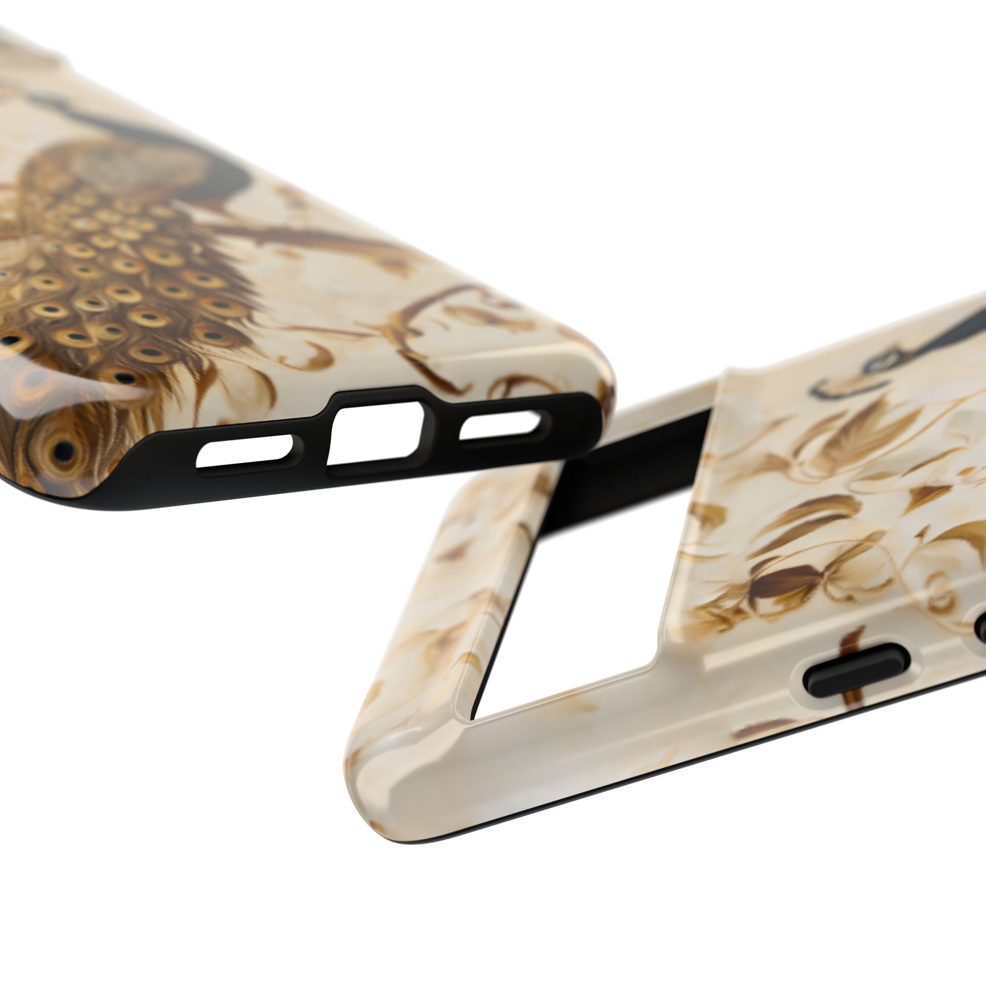 Golden Plumage peacock and feather pattern Google Pixel case camera bar detail