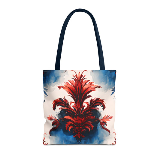 Crimson Plume canvas tote bag featuring bold red, white and blue plume abstract design with navy handles