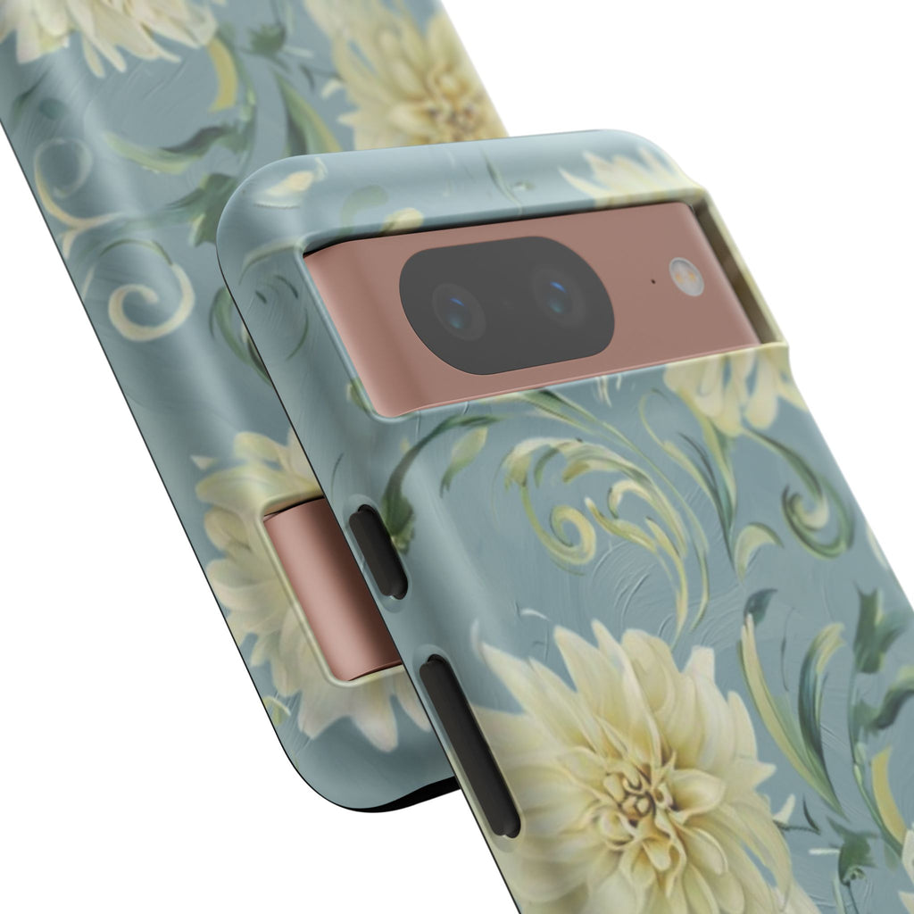 Golden Dahlia Trio - Elegant Floral Google Pixel 8 Tough Phone Case - Artistic White & Blue Dahlia Design