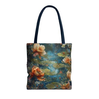 Waterlily Nocturne canvas tote bag featuring nighttime waterlily pond artwork with dark handles