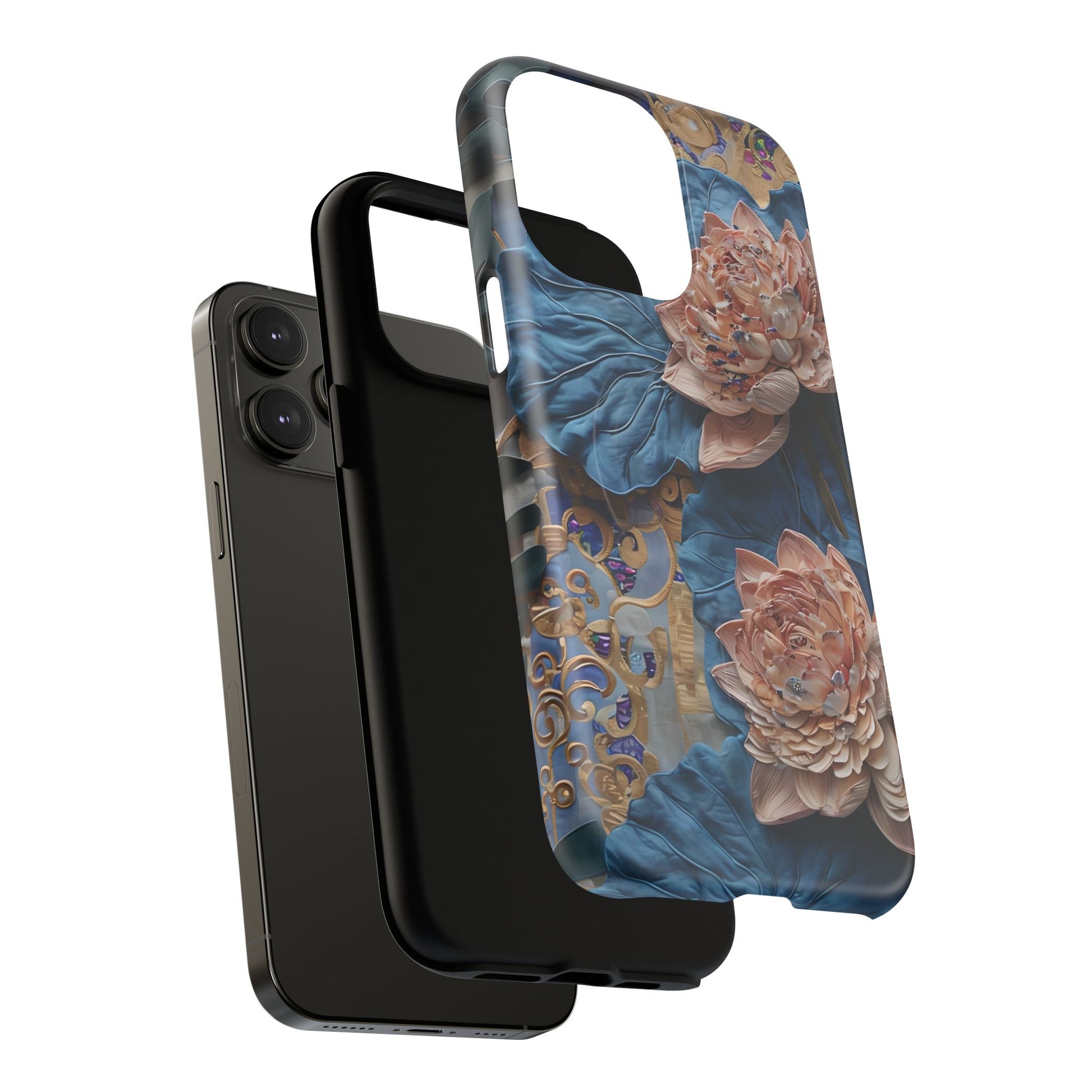 Peony Midnight Tapestry - iPhone 14 Pro Max - MagSafe Compatible - Elegant Blue & Blush Artful Phone Cover