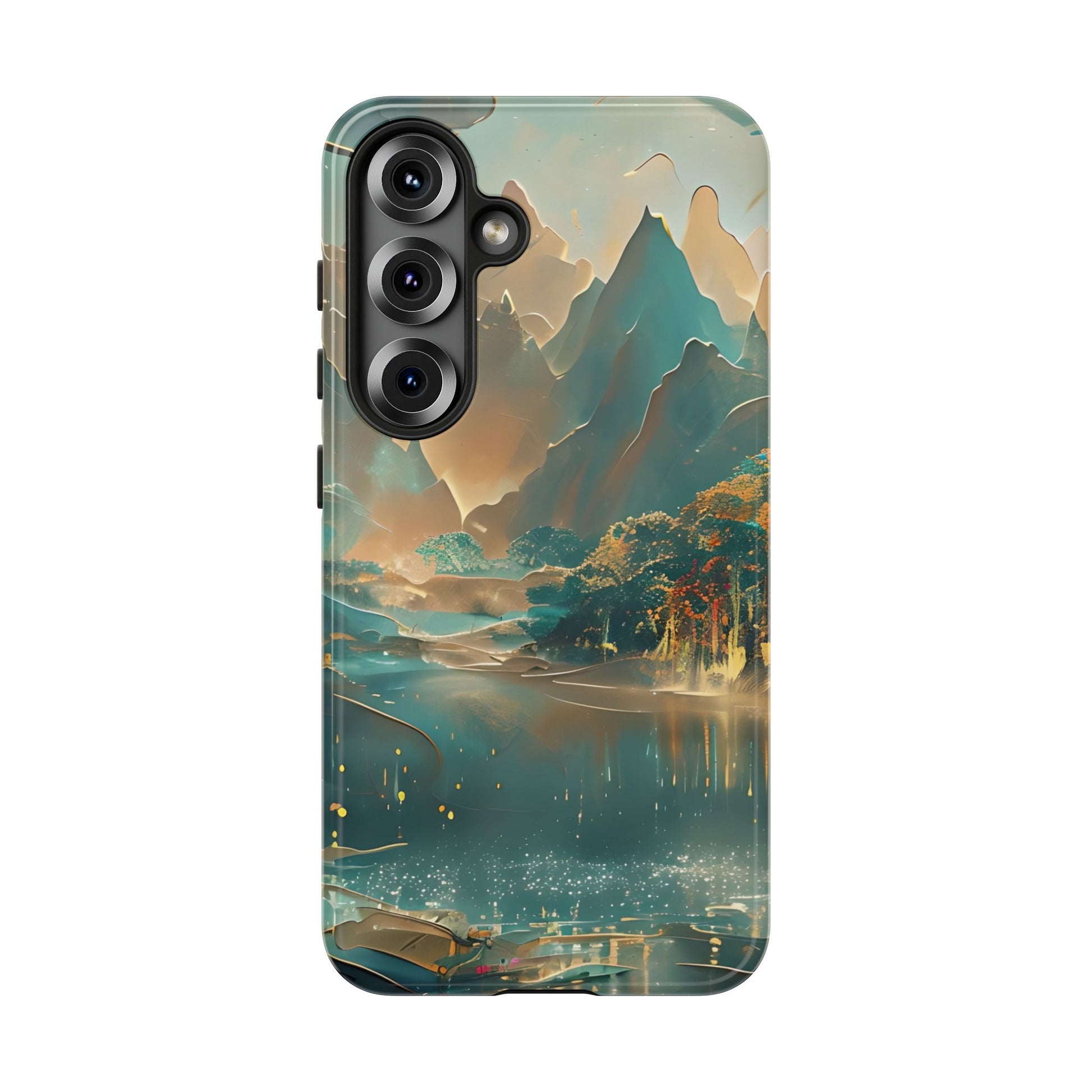 Misty Horizon - Serene Landscape Art Samsung Galaxy S25 Tough Phone Case - Tranquil Mountain & Lake Design