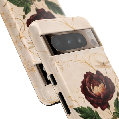 Vintage Burgundy Rose antique botanical rose artwork Google Pixel phone case angled view