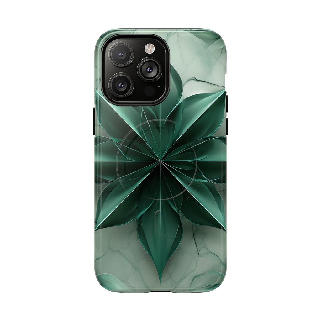 Emerald Bloom iPhone 14 Pro Max MagSafe Phone Case -Modern Symmetrical Floral Design, Green