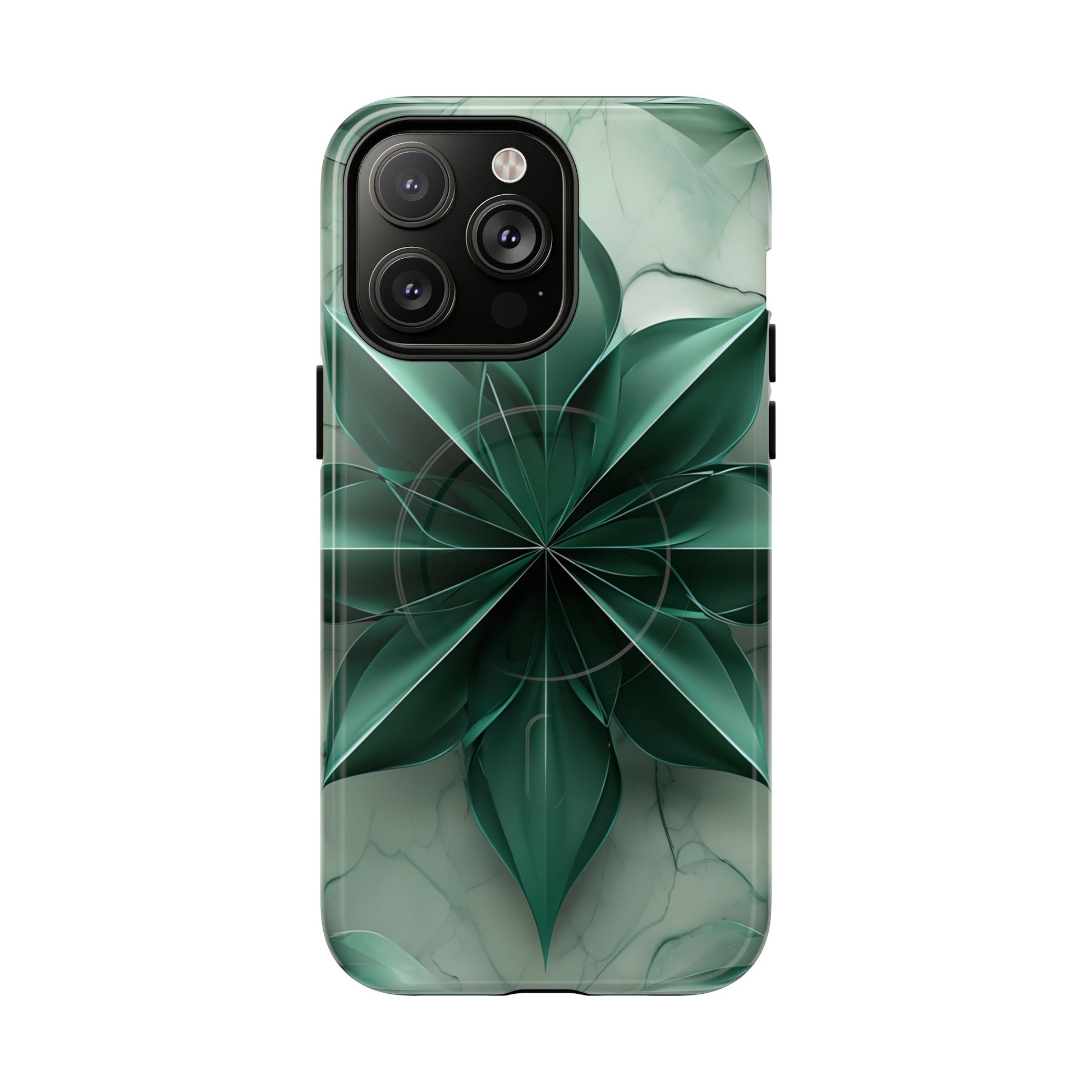 Emerald Bloom iPhone 14 Pro Max MagSafe Phone Case -Modern Symmetrical Floral Design, Green