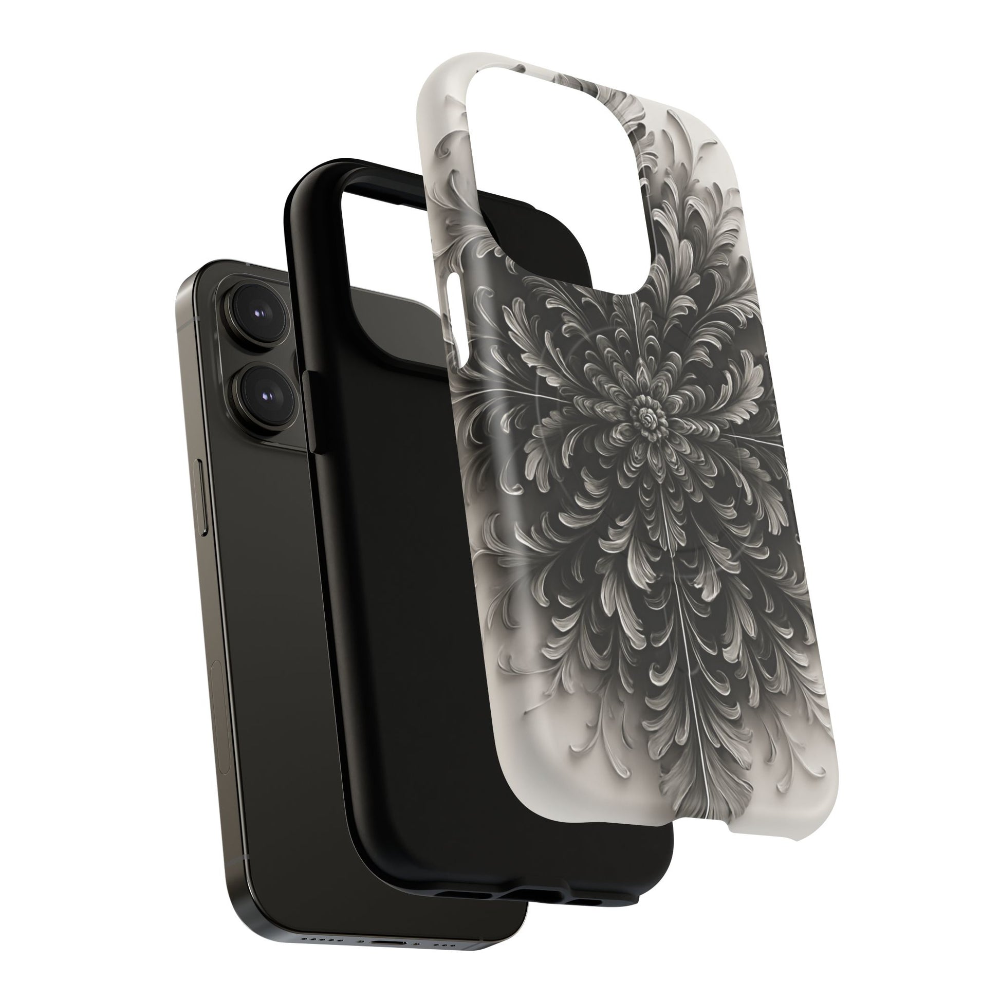 Obsidian Bloom - Elegant Black & White iPhone 14 Pro MagSafe Phone Case - Intricate Mandala Flower Design