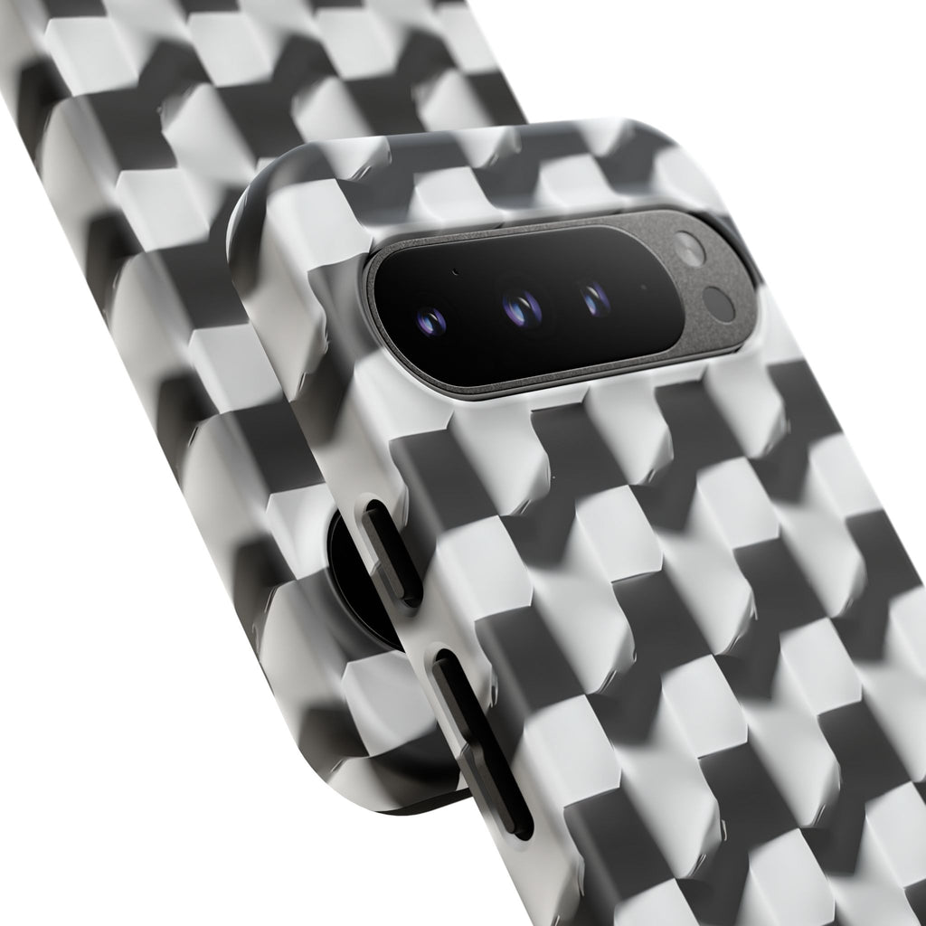 Monochrome Grid Tough Case for Google Pixel 9 Pro XL - Classic Checkerboard, Black & White, Minimalist Trend
