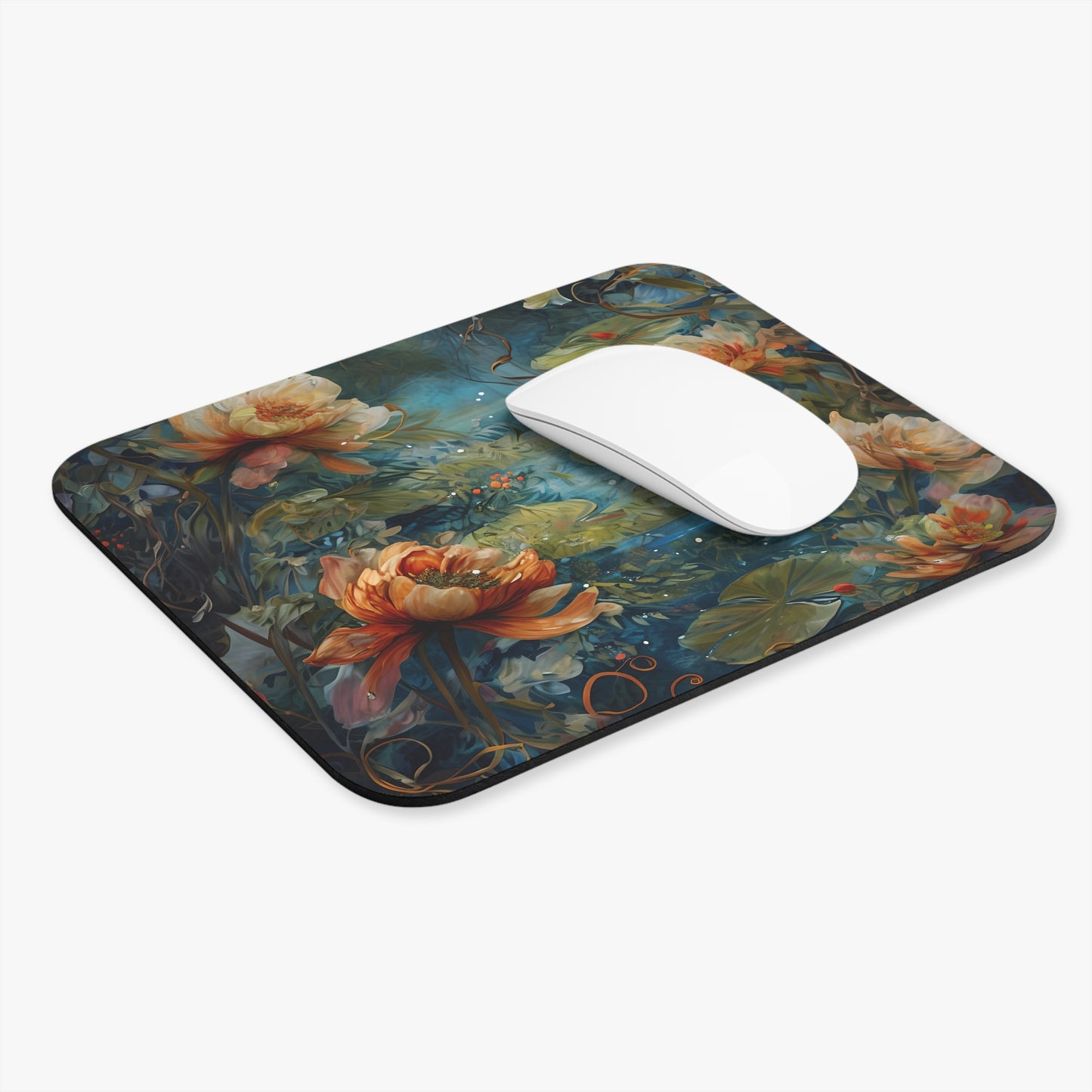 Waterlily Nocturne mouse pad in workspace with mouse showing tranquil waterlily design