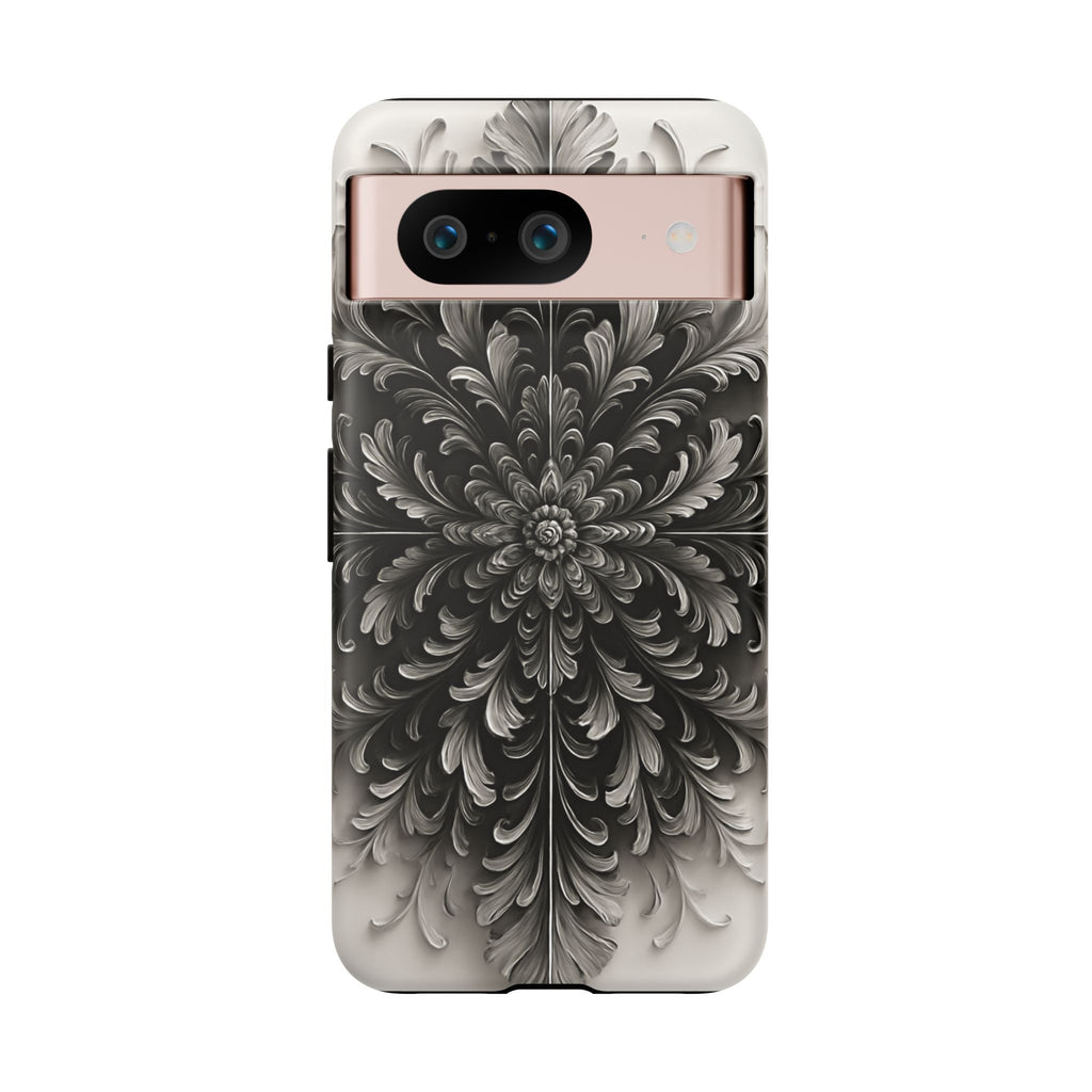 Obsidian Bloom - Elegant Black & White Google Pixel 8 Tough Phone Case - Intricate Mandala Flower Design