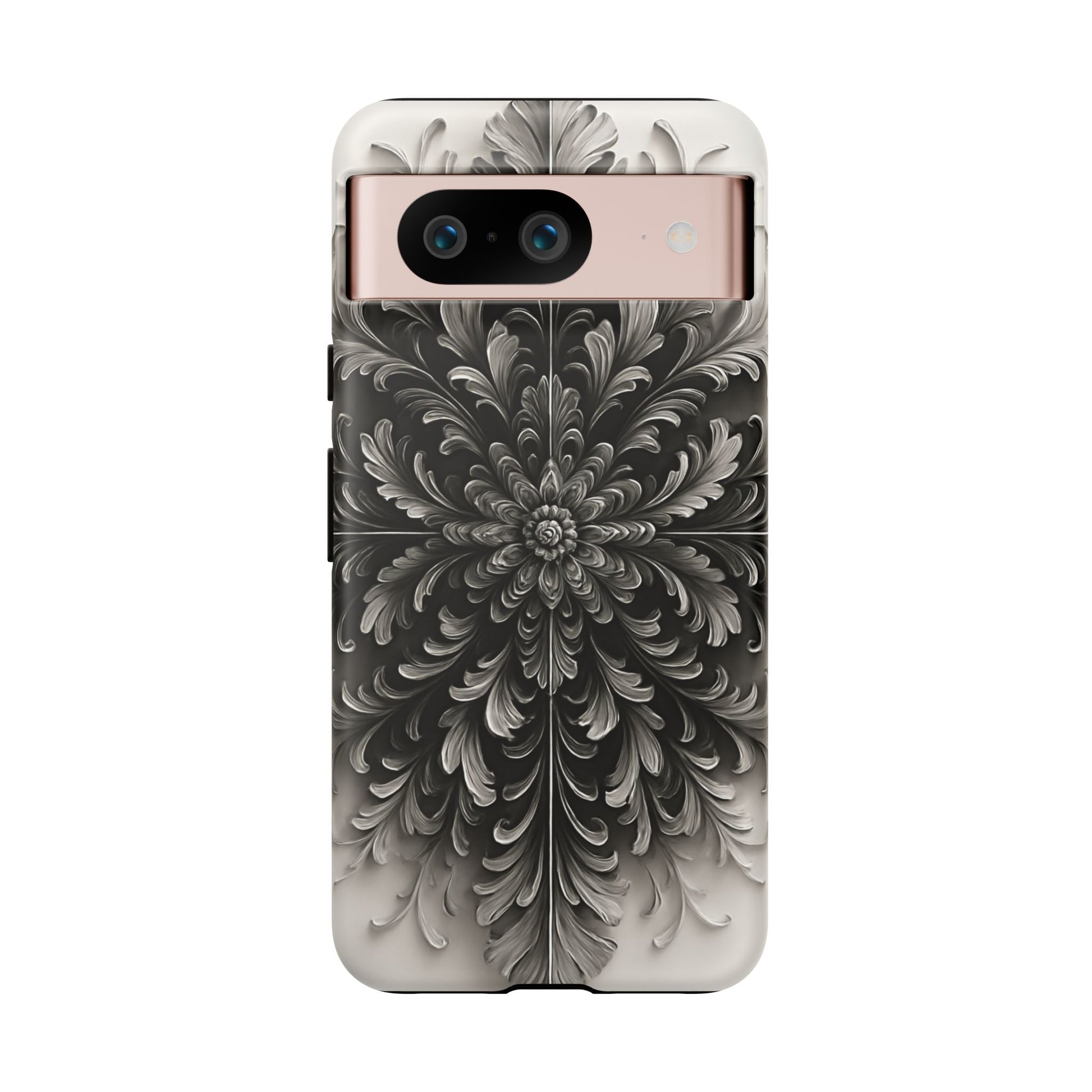 Obsidian Bloom - Elegant Black & White Google Pixel 8 Tough Phone Case - Intricate Mandala Flower Design