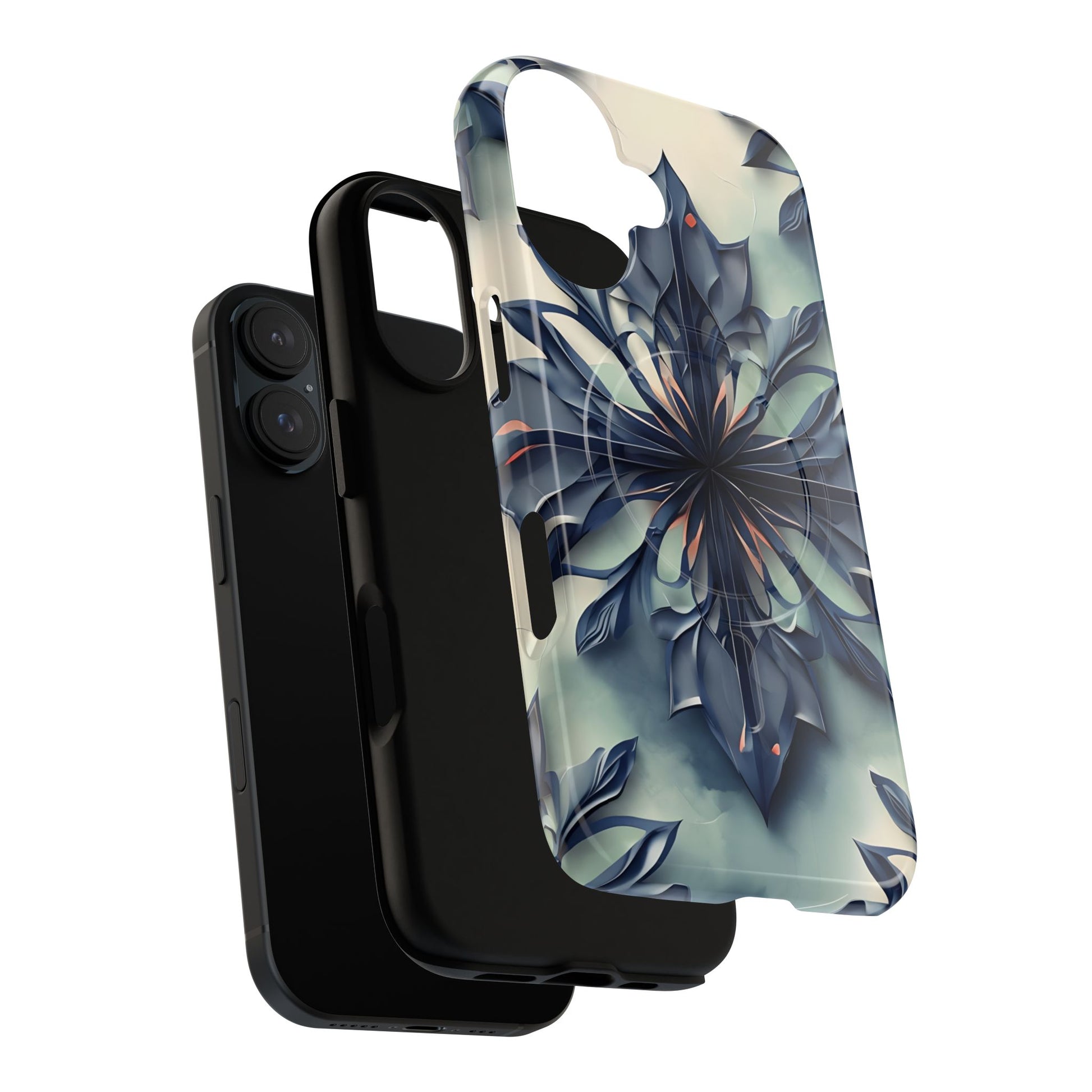 Frosted Indigo Bloom - Artistic Kaleidoscope Collection Artistic Floral - iPhone 16 MagSafe Phone Case -Blue Symmetrical Design