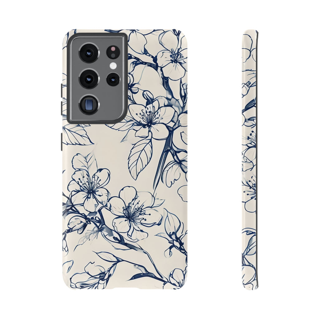 Blossom Sketch - Artistic Blue Floral Samsung Galaxy S21 Ultra Tough Phone Case - Hand-Drawn Botanical Design