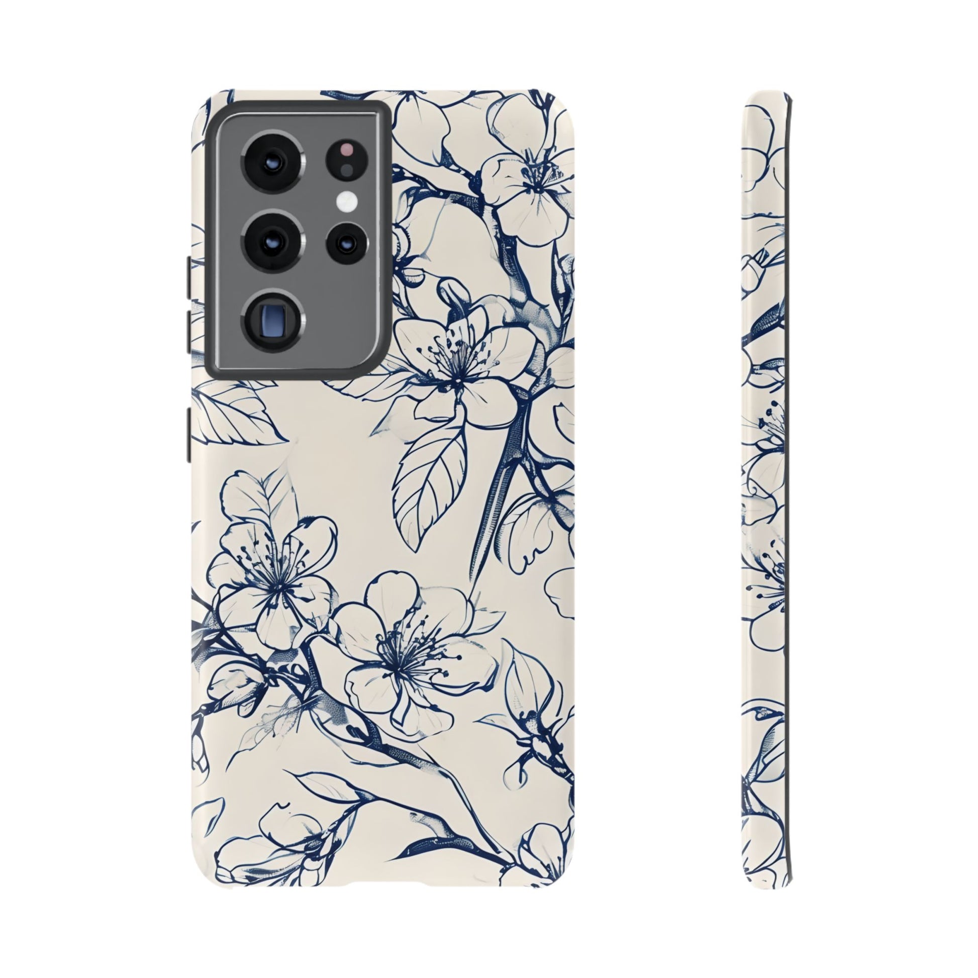 Blossom Sketch - Artistic Blue Floral Samsung Galaxy S21 Ultra Tough Phone Case - Hand-Drawn Botanical Design