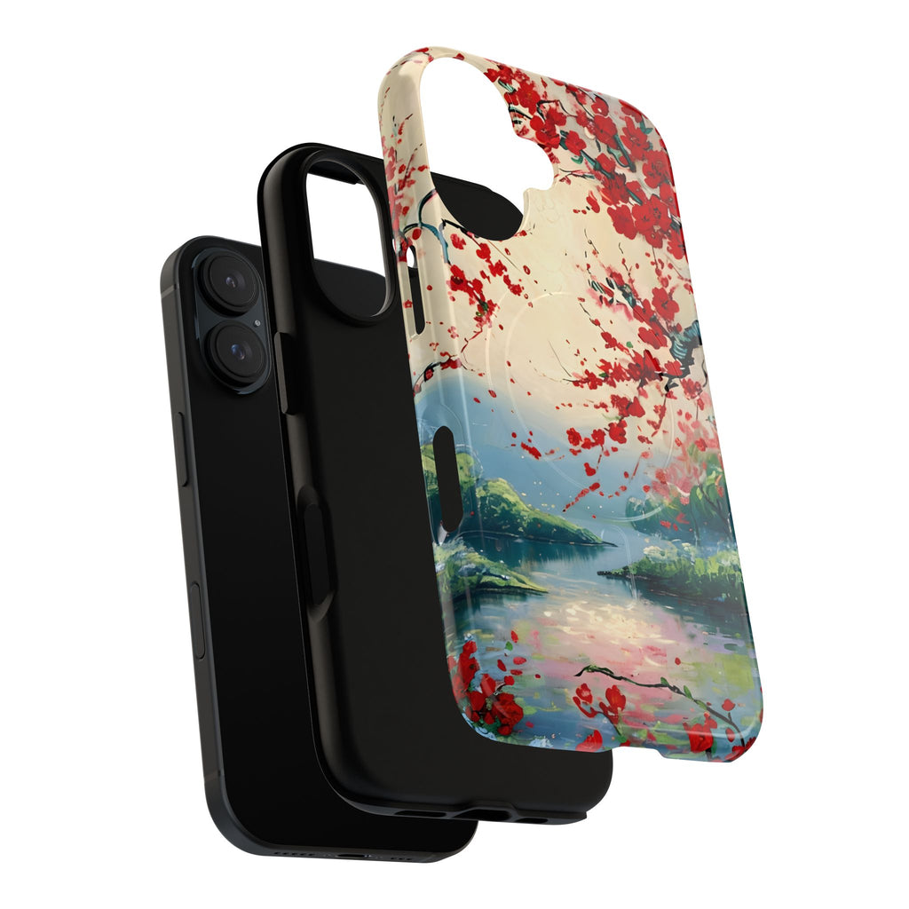 Crimson Blossom Lake - Artistic Floral Landscape iPhone 16 MagSafe Phone Case - Red Cherry Blossoms & Serene Lake Design