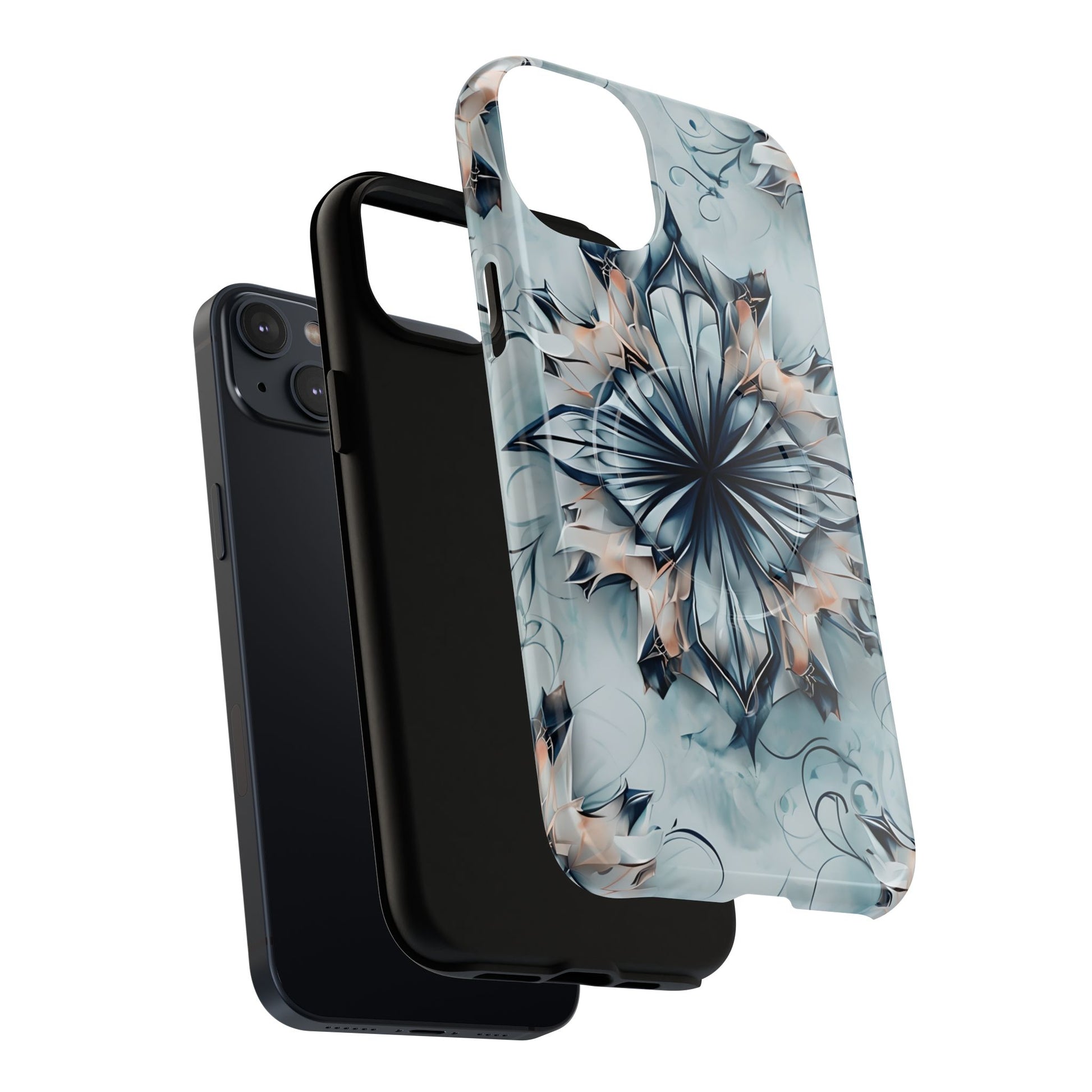 Indigo Mirage - Artistic Kaleidoscope Collection Artistic Floral - iPhone 14 Plus MagSafe Phone Case -Bold Indigo Symmetrical Design