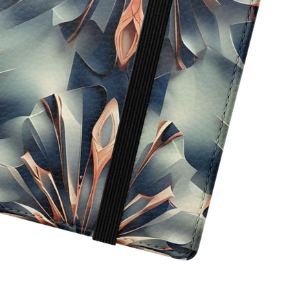 Close-up of Obsidian Kaleidoscope Samsung Galaxy wallet flip phone case with abstract geometric starburst pattern