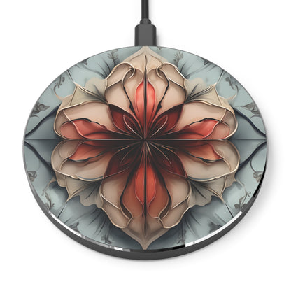 Ember Bloom warm floral mandala decorative Qi wireless charger with ember red and neutral petal design