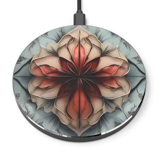 Ember Bloom warm floral mandala decorative Qi wireless charger with ember red and neutral petal design