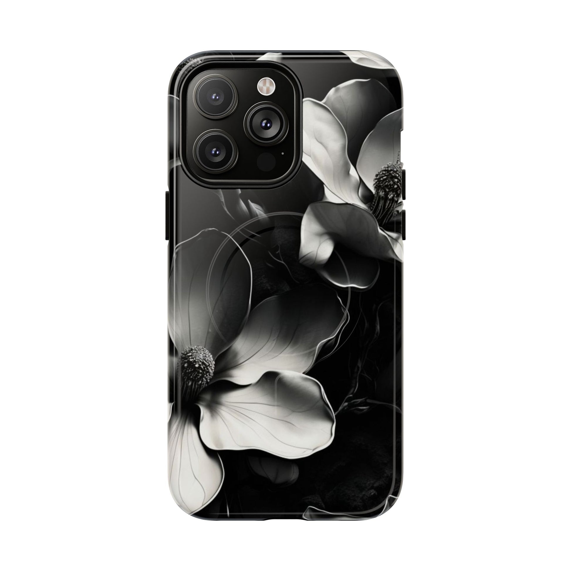 Monochrome Magnolia - Elegant Black & White Floral iPhone 14 Pro Max MagSafe Phone Case - Artistic Magnolia Design
