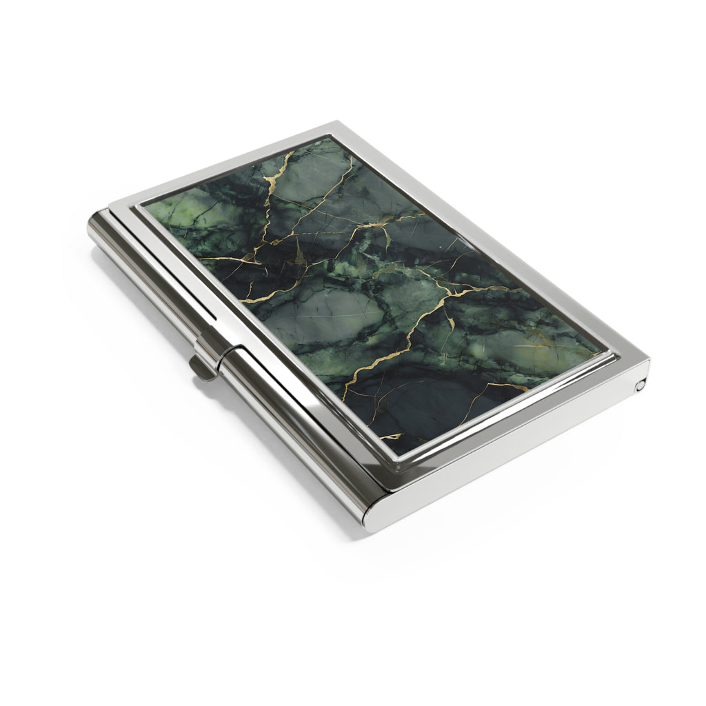 Verdant Vein Business Card Holder - Elegant Green Marble Texture with Gold Veining