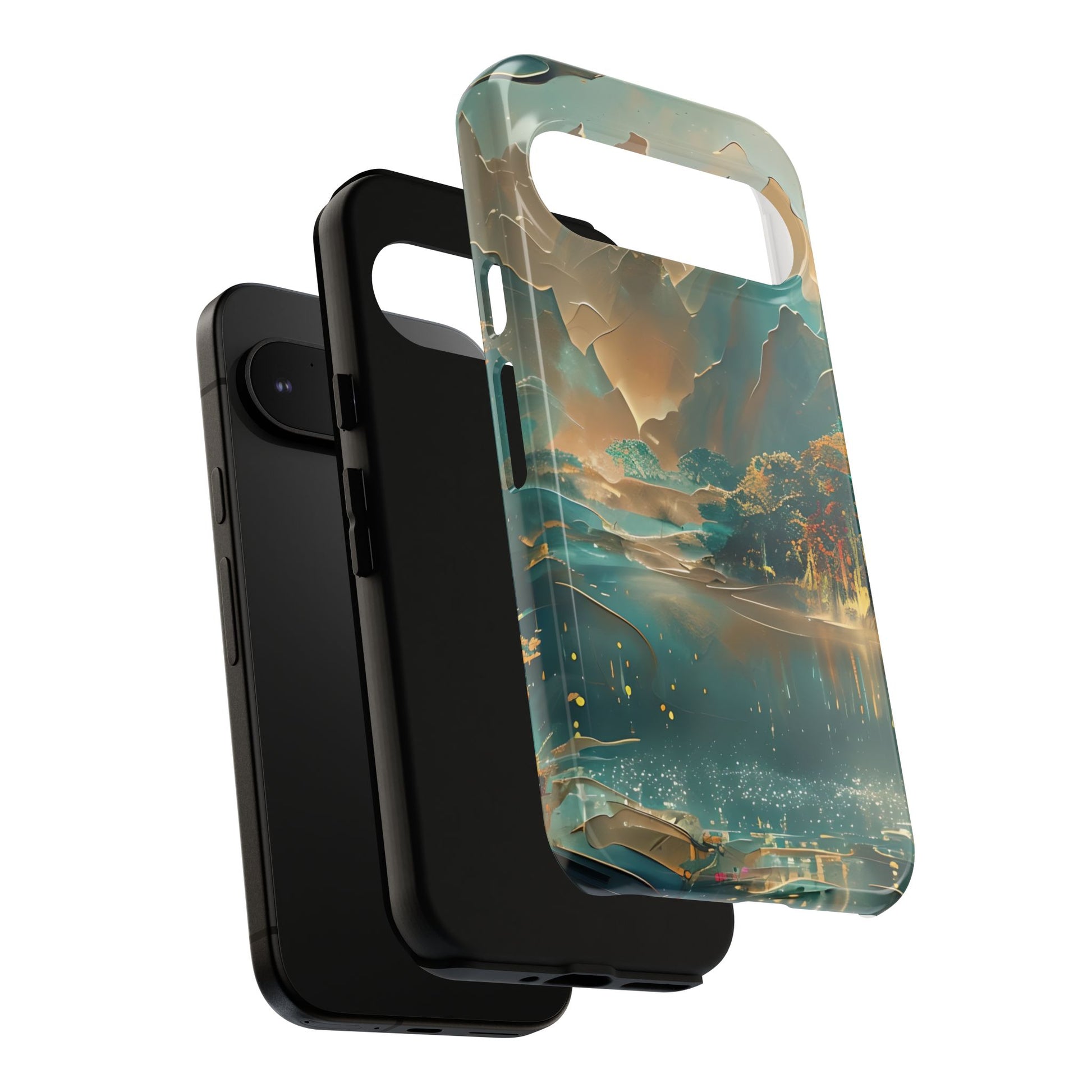 Misty Horizon - Serene Landscape Art Google Pixel 9 Tough Phone Case - Tranquil Mountain & Lake Design
