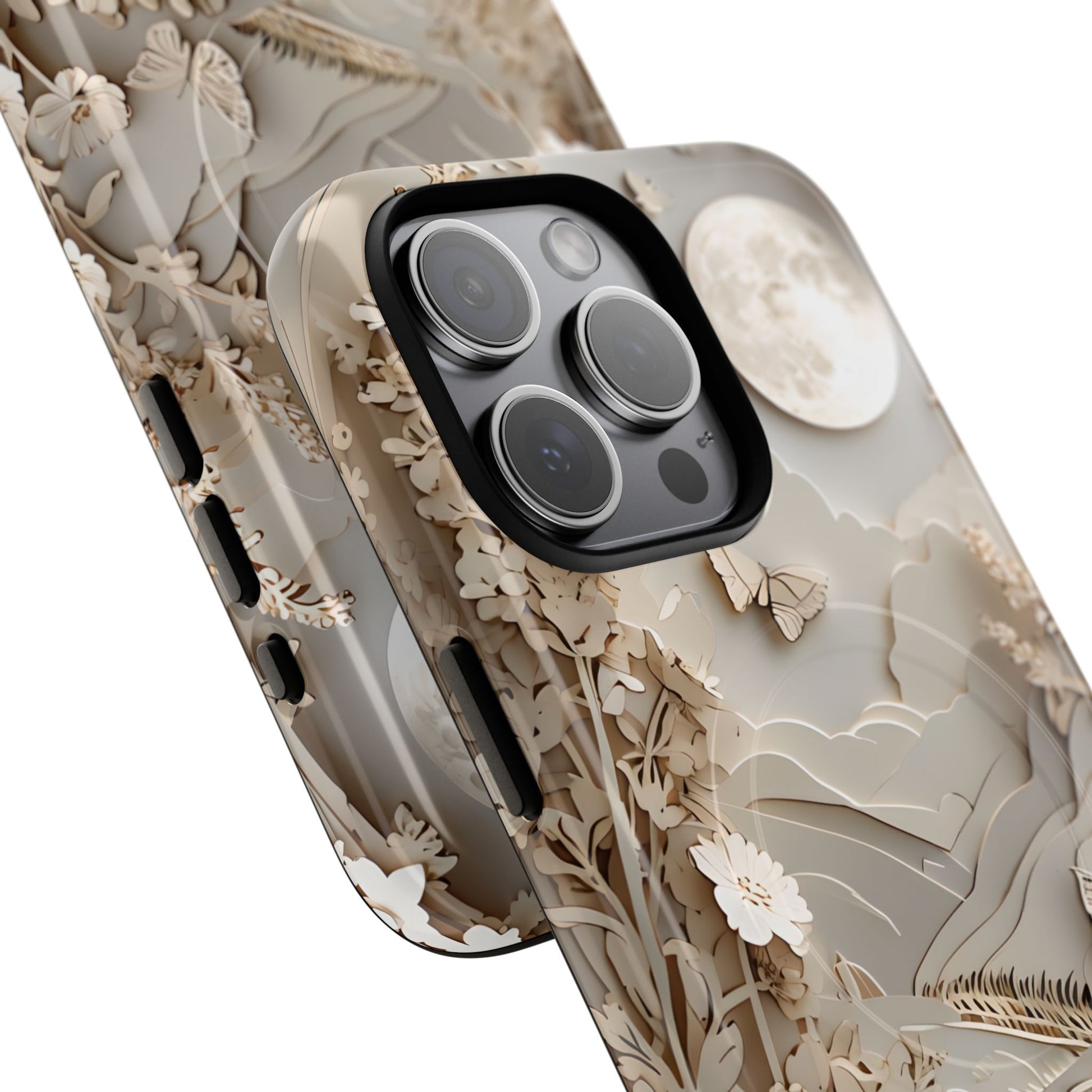 Moonlit Garden - Elegant Neutral Floral iPhone 15 Pro Max MagSafe Phone Case - Painterly Botanical & Moon Design
