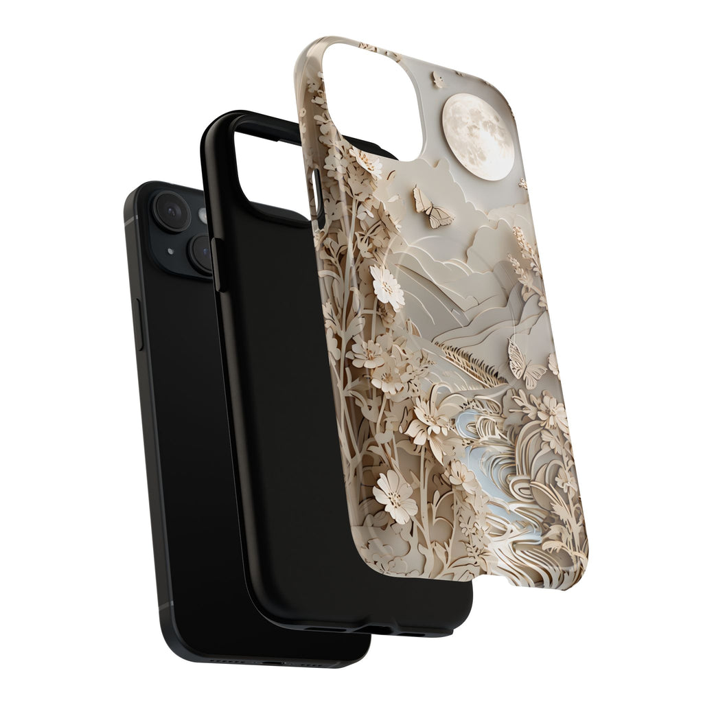 Moonlit Garden - Elegant Neutral Floral iPhone 15 Plus MagSafe Phone Case - Painterly Botanical & Moon Design