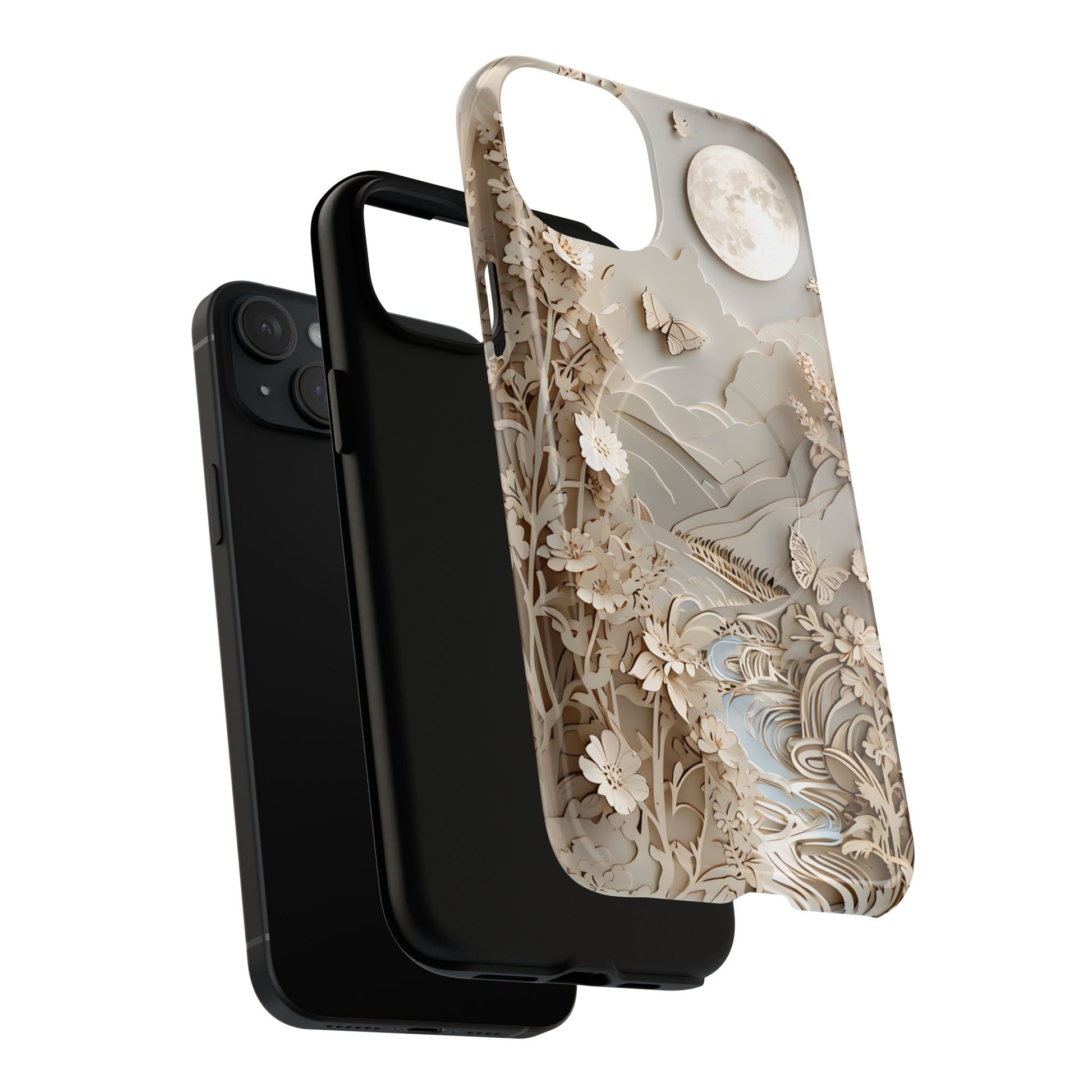 Moonlit Garden - Elegant Neutral Floral iPhone 15 Plus MagSafe Phone Case - Painterly Botanical & Moon Design