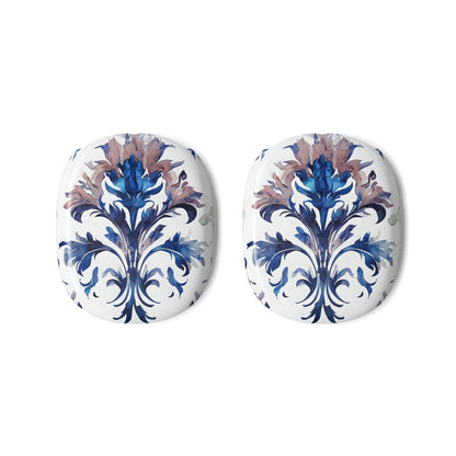 Delft Reverie AirPods Max ear cup covers with classic blue and lavender ornamental floral pattern on white, flat product view