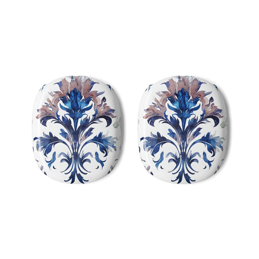 Delft Reverie AirPods Max ear cup covers with classic blue and lavender ornamental floral pattern on white, flat product view