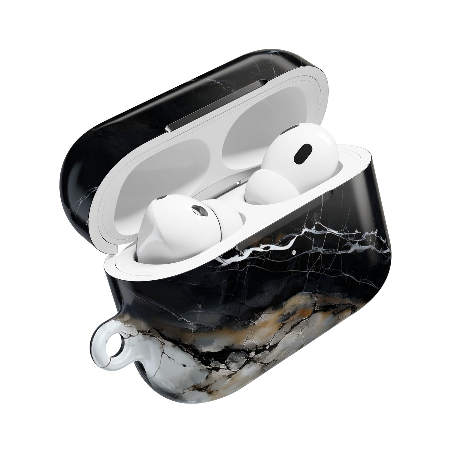 Obsidian Vein AirPods case open showing protective cover with black marble and gold veining artwork