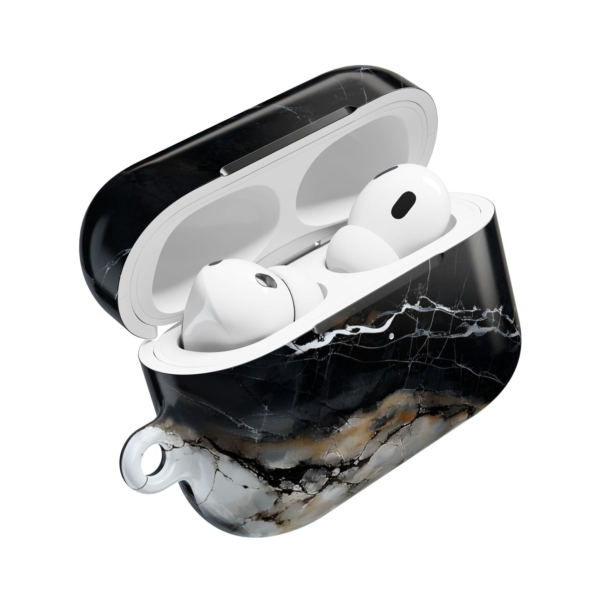 Obsidian Vein AirPods case open showing protective cover with black marble and gold veining artwork