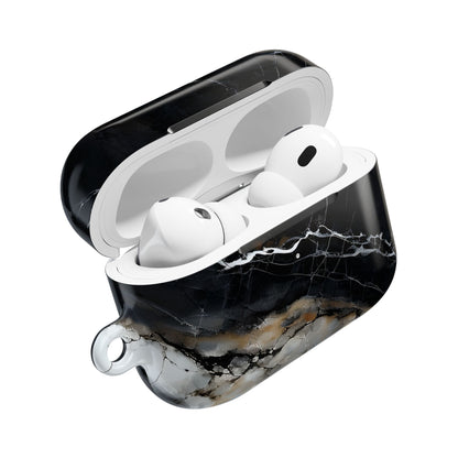 Obsidian Vein AirPods case open showing protective cover with black marble and gold veining artwork