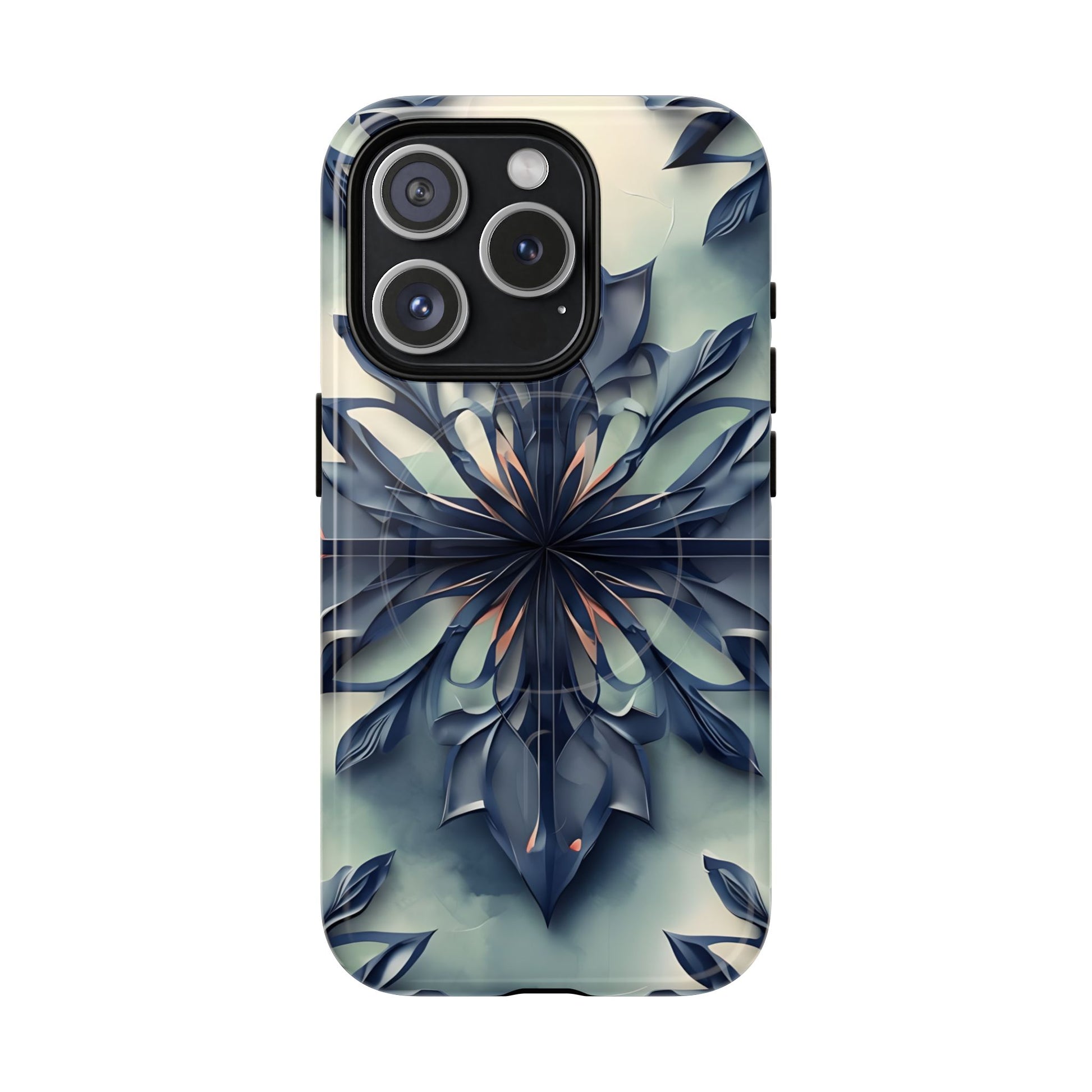 Frosted Indigo Bloom - Artistic Kaleidoscope Collection Artistic Floral - iPhone 15 Pro MagSafe Phone Case -Blue Symmetrical Design