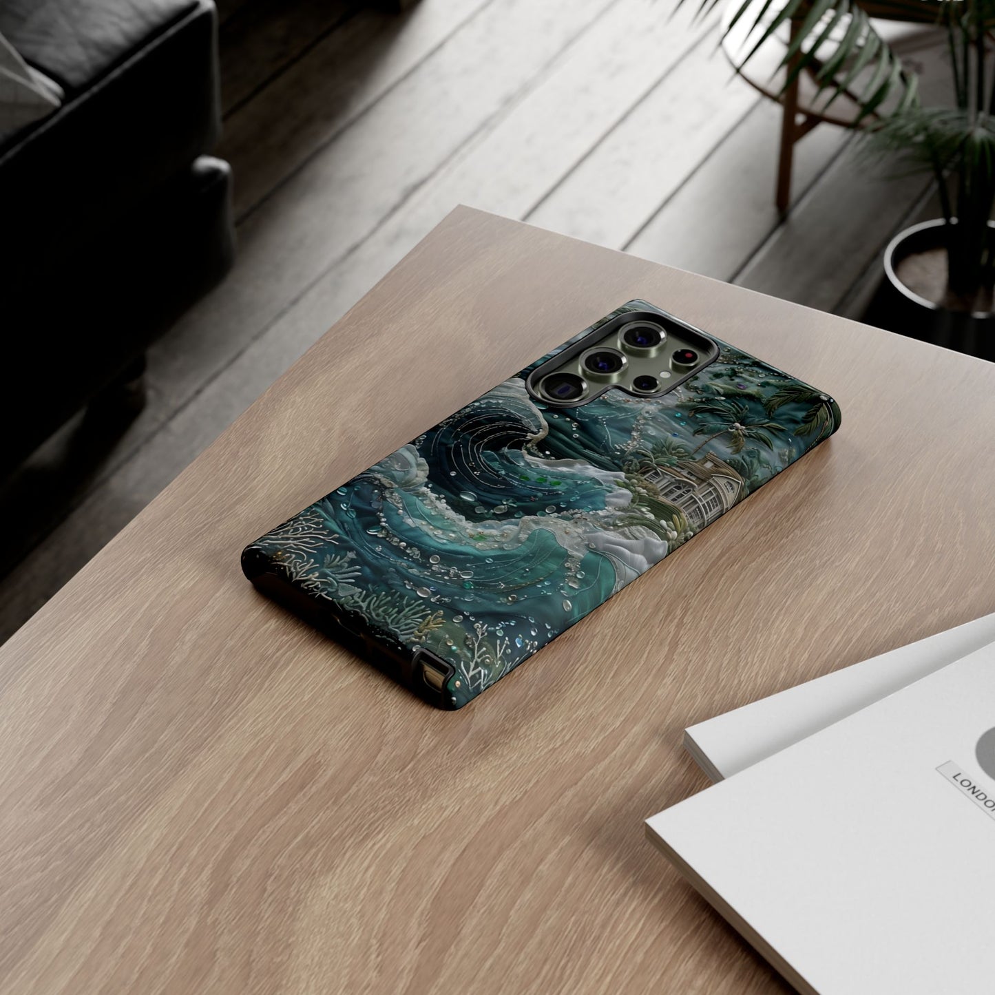 Tropical Midnight Wave Samsung Galaxy ocean wave phone case on wooden desk beside laptop and notebook, beach lover lifestyle flat lay