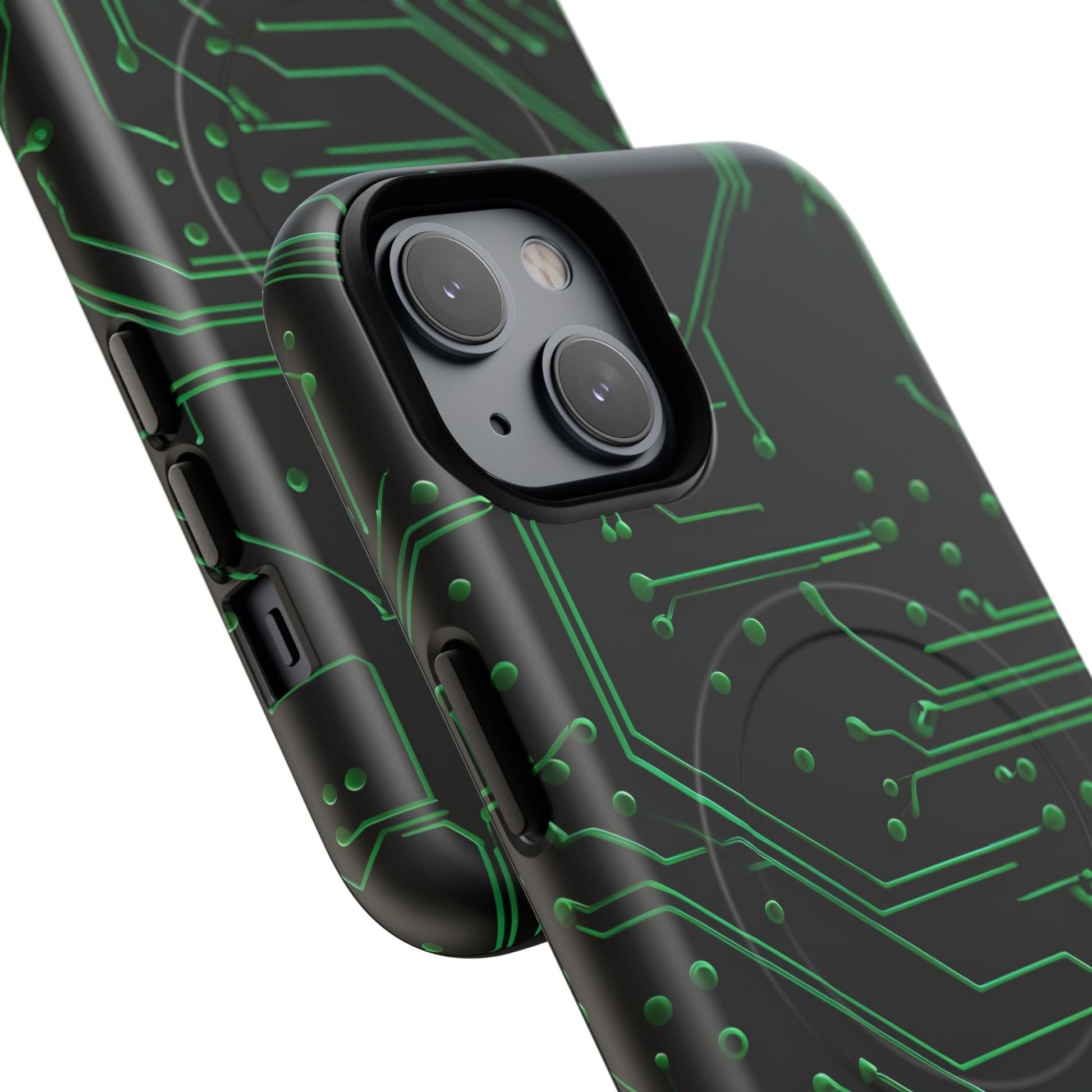 Green Circuit Grid iPhone 14 MagSafe Compatible case- Tech-Inspired Shockproof Cover